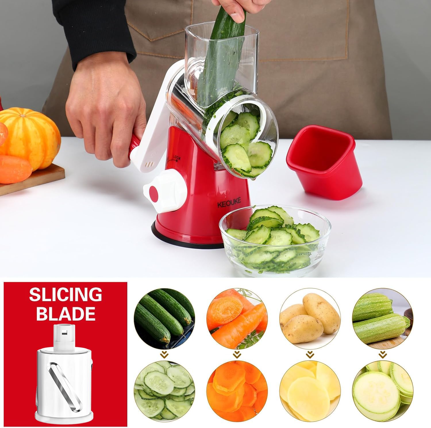 Cambom Rotary Cheese Grater Hand Crank Cheese Shredder for Fresh Cheese, Vegetable, Nuts,Non-slip Suction Base, Three Blades, Black