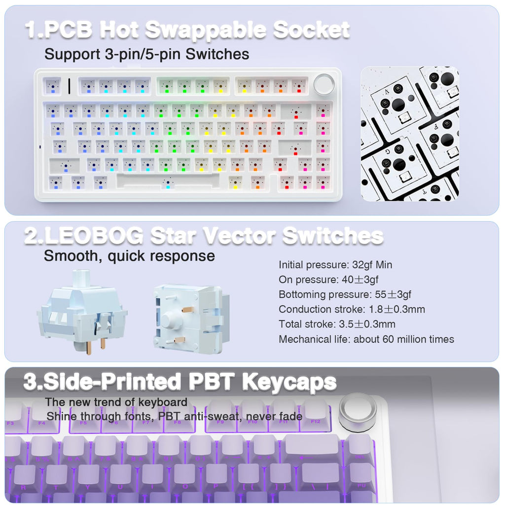 AULA F75 Pro Wireless Mechanical Keyboard,75% Hot Swappable Custom Keyboard with Knob,RGB Backlit,Pre-lubed Reaper Switches,Side Printed PBT Keycaps,2.4GHz/USB-C/BT5.0 Mechanical Gaming Keyboards
