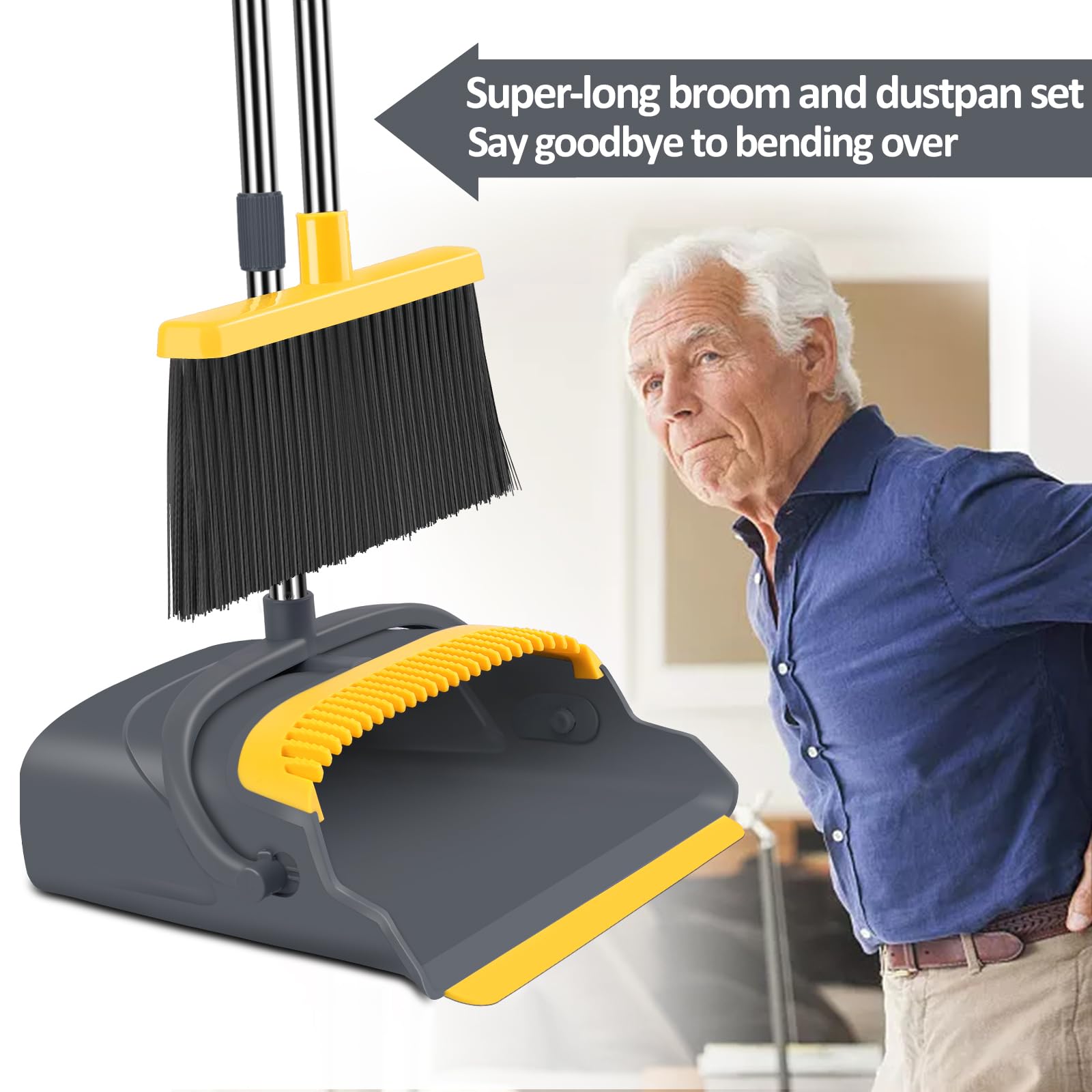 Upgrade Broom and Dustpan Set, Large Size and with Long Handle, Upright,Ideal for Indoor Outdoor Garage Kitchen Room Office Lobby Use (Green)