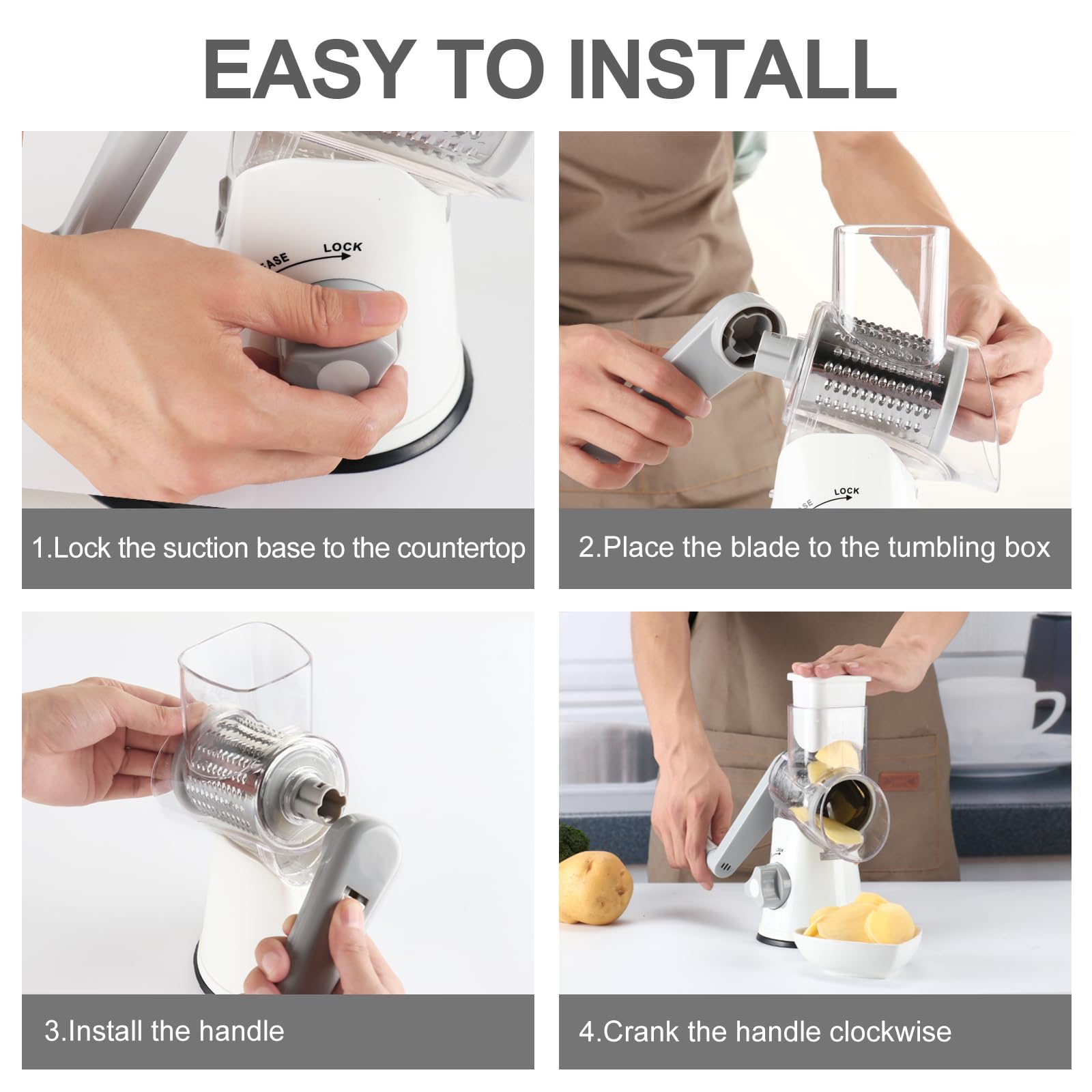 Cambom Rotary Cheese Grater Hand Crank Cheese Shredder for Fresh Cheese, Vegetable, Nuts,Non-slip Suction Base, Three Blades, Black