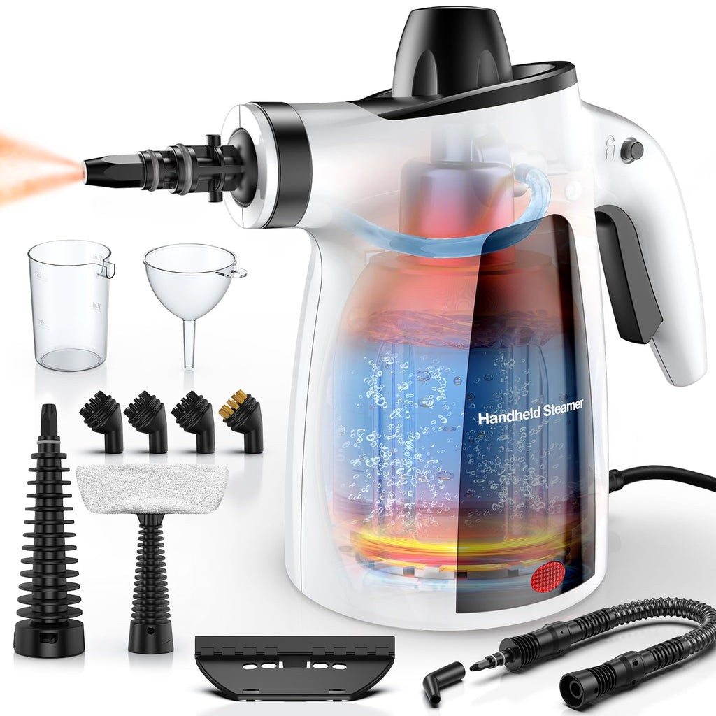 Steam Cleaner, Pressurized Handheld 13pcs Multi-Purpose Natural Deep Cleaning Steamer, Portable Steamer for Cleaning Home, Grout, Kitchen, Car, Window, Upholstery, Bathroom and Clothes, White