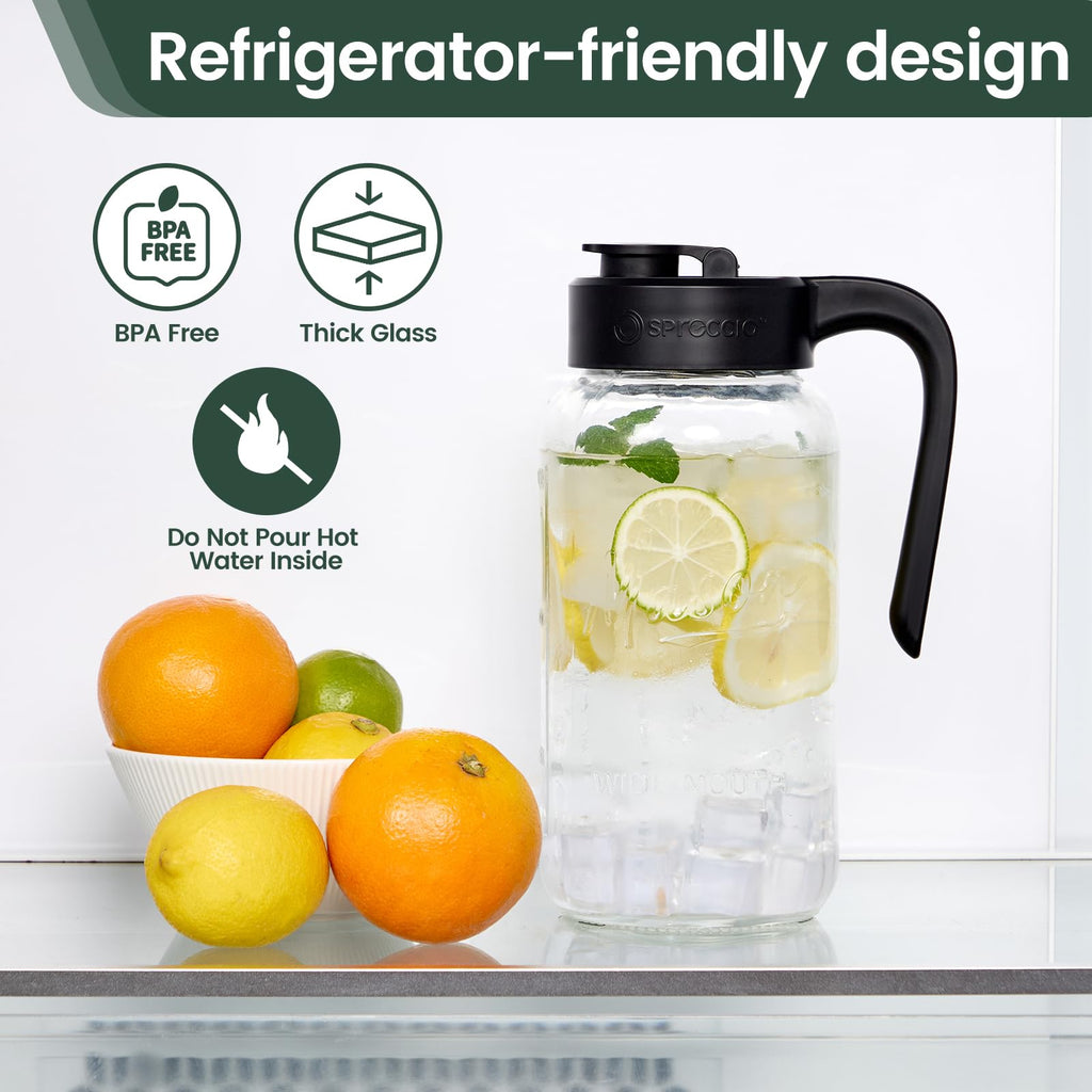 Mason Jar Pitcher - Airtight & Leakproof Glass Pitcher with Lid, Perfect for Breastmilk, Cold Brew, and Sun Tea, 2 Quart (64 oz) Mason Jar with Pour Spout Lid