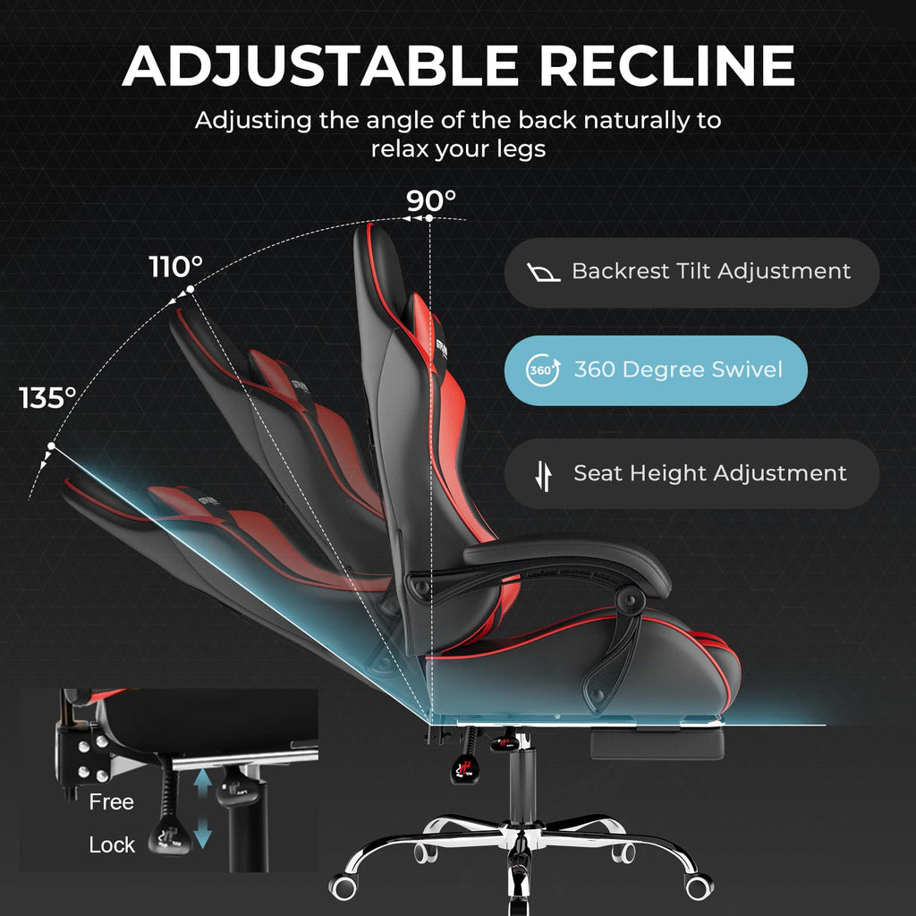 GTPLAYER Gaming Chair, Computer Chair with Footrest and Lumbar Support, Height Adjustable Game Chair with 360°-Swivel Seat and Headrest and for Office or Gaming (Pearl White)