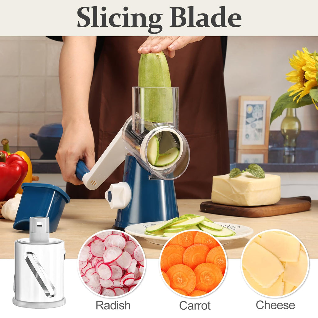 Cambom Rotary Cheese Grater Hand Crank Cheese Shredder for Fresh Cheese, Vegetable, Nuts,Non-slip Suction Base, Three Blades, Black