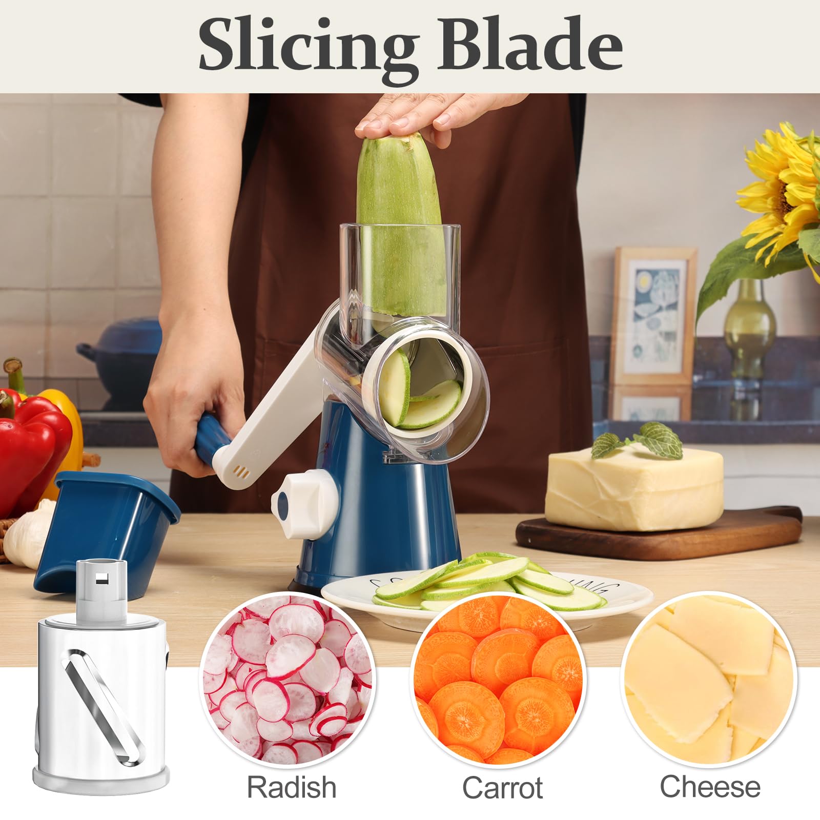 Cambom Rotary Cheese Grater Hand Crank Cheese Shredder for Fresh Cheese, Vegetable, Nuts,Non-slip Suction Base, Three Blades, Black