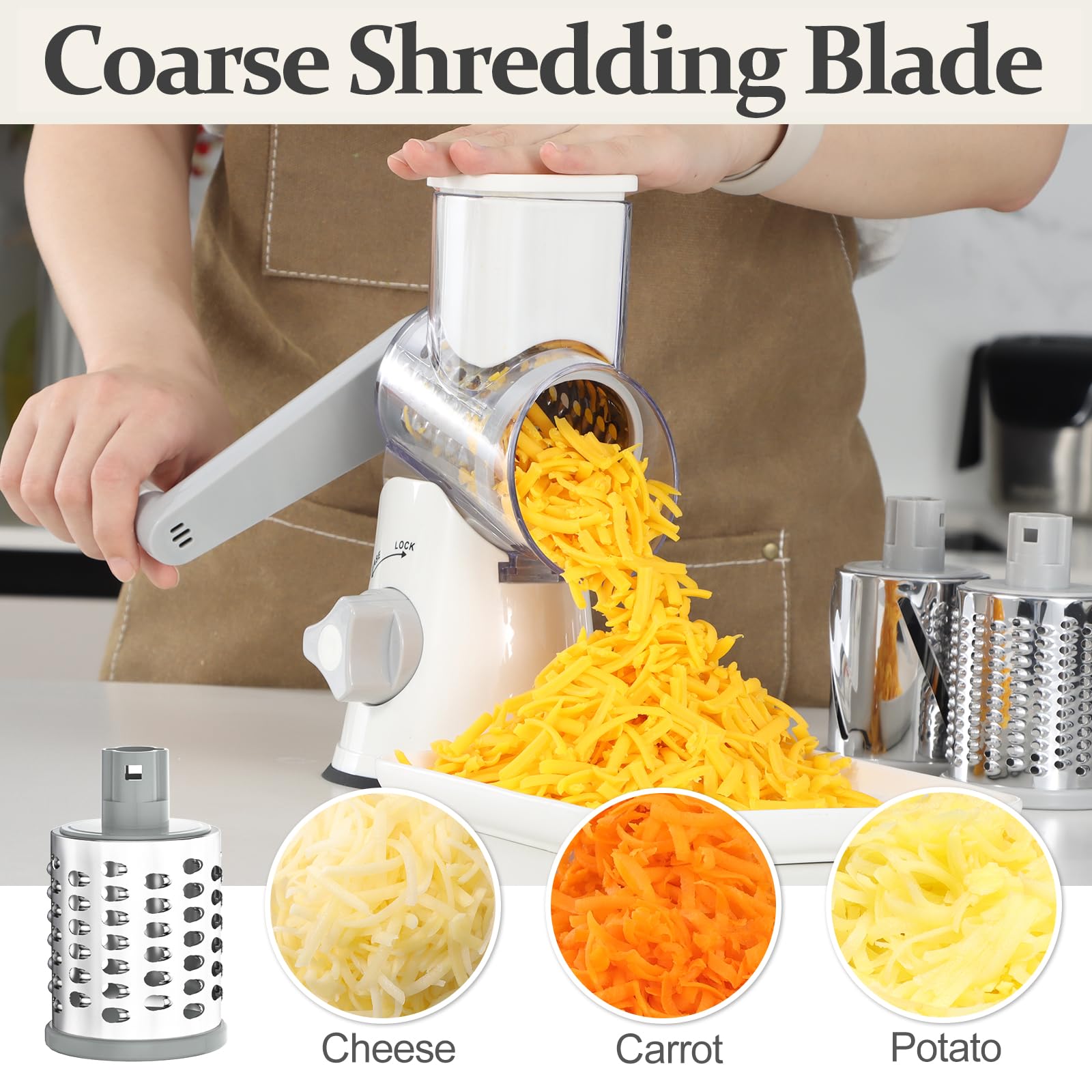 Cambom Rotary Cheese Grater Hand Crank Cheese Shredder for Fresh Cheese, Vegetable, Nuts,Non-slip Suction Base, Three Blades, Black