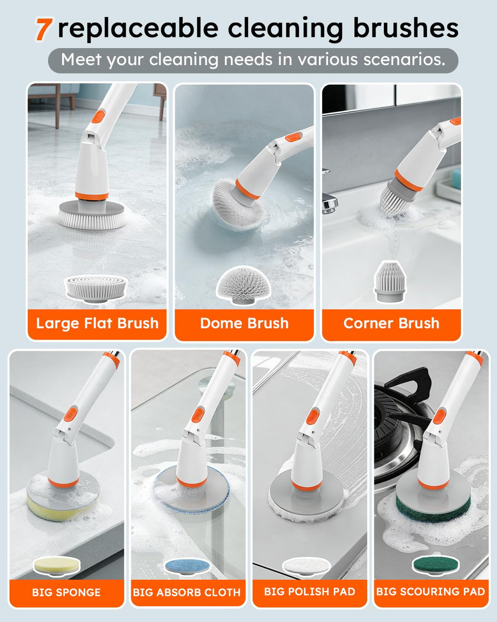 TUYU Electric Spin Scrubber,IPX7 Full-Body Waterproof Cordless Cleaning Tool, LCD Battery Indicator, Adjustable Extension Handle, 90-Minute Runtime for Bathroom, Kitchen, Glass, Car