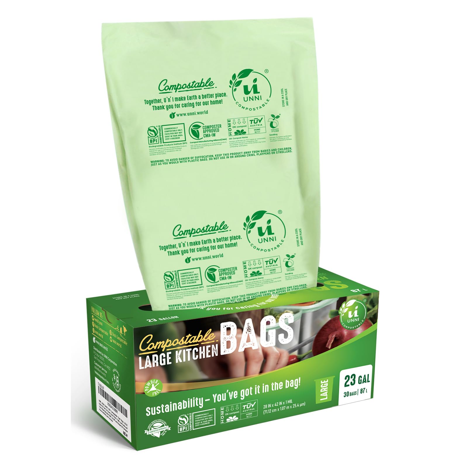 UNNI Compostable Trash Bags, 2.6 Gallon / 9.84 Liter, 100 Count, Extra Thick 0.71 Mil Small Kitchen Food Scrap Bin Liners, Certified by BPI, CMA & OK compost HOME, Meets the ASTM D6400 Standard