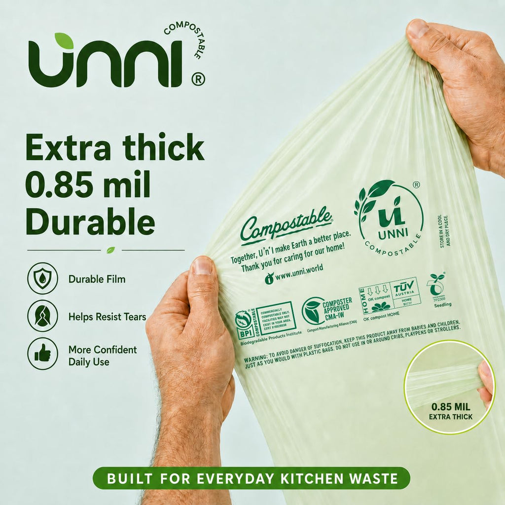 UNNI Compostable Trash Bags, 2.6 Gallon / 9.84 Liter, 100 Count, Extra Thick 0.71 Mil Small Kitchen Food Scrap Bin Liners, Certified by BPI, CMA & OK compost HOME, Meets the ASTM D6400 Standard