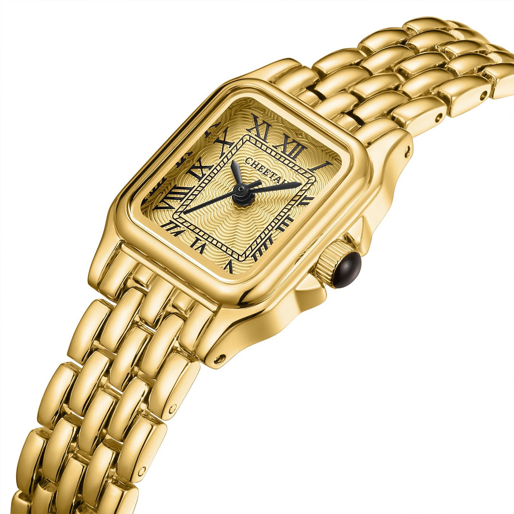 CHEETAH Gold Watches for Women with Small Vintage Bracelet, Rectangular Case Roman Dial