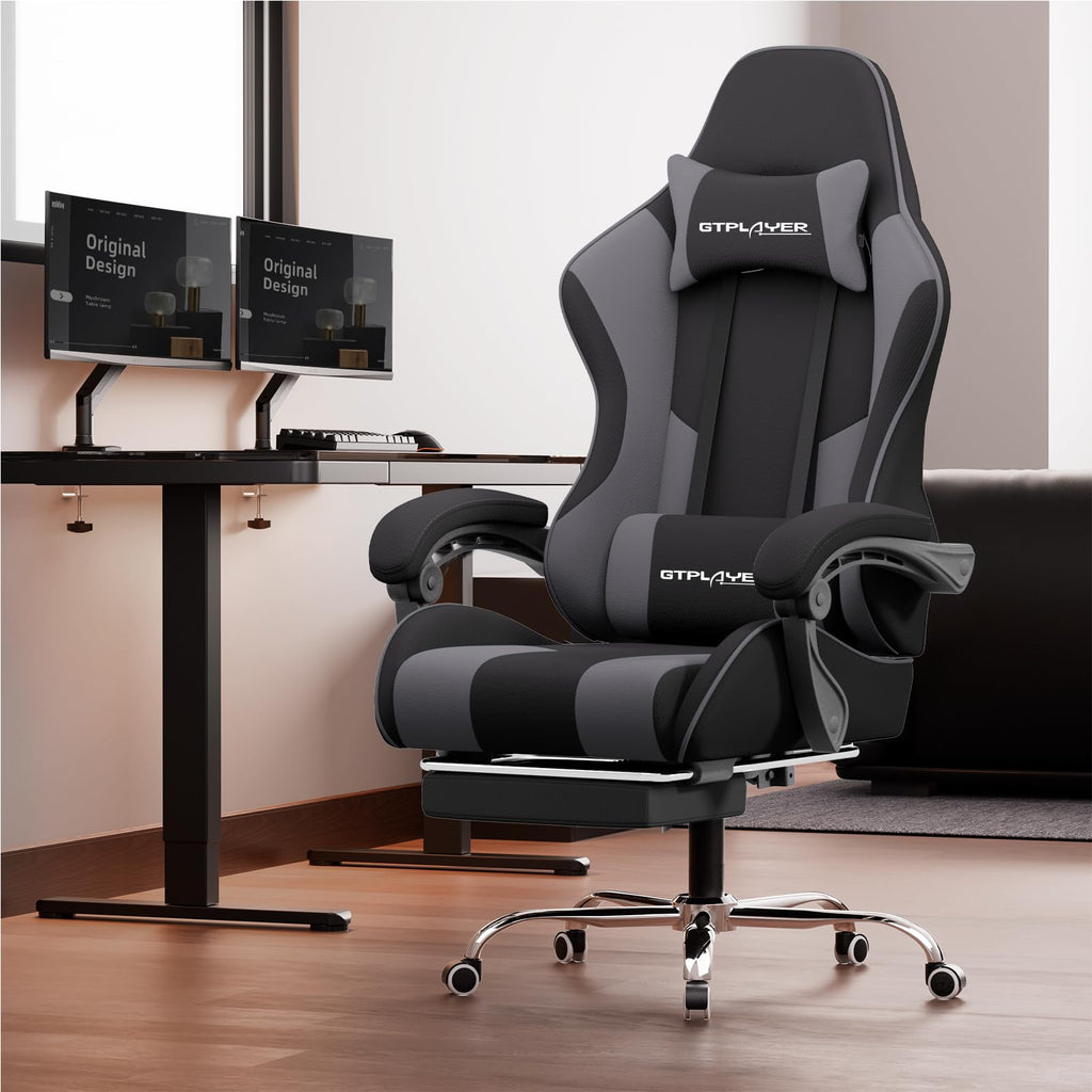 GTPLAYER Gaming Chair, Computer Chair with Footrest and Lumbar Support, Height Adjustable Game Chair with 360°-Swivel Seat and Headrest and for Office or Gaming (Pearl White)