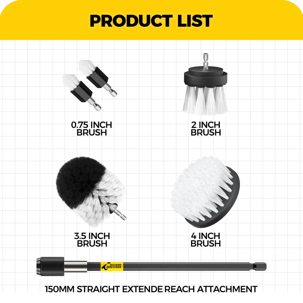 Holikme 6Pack Drill Brush Power Scrubber Cleaning Brush Extended Long Attachment Set All Purpose Drill Scrub Brushes Kit for Grout, Floor, Tub, Bathroom and Kitchen Surface,Scratch Brushes（Yellow）