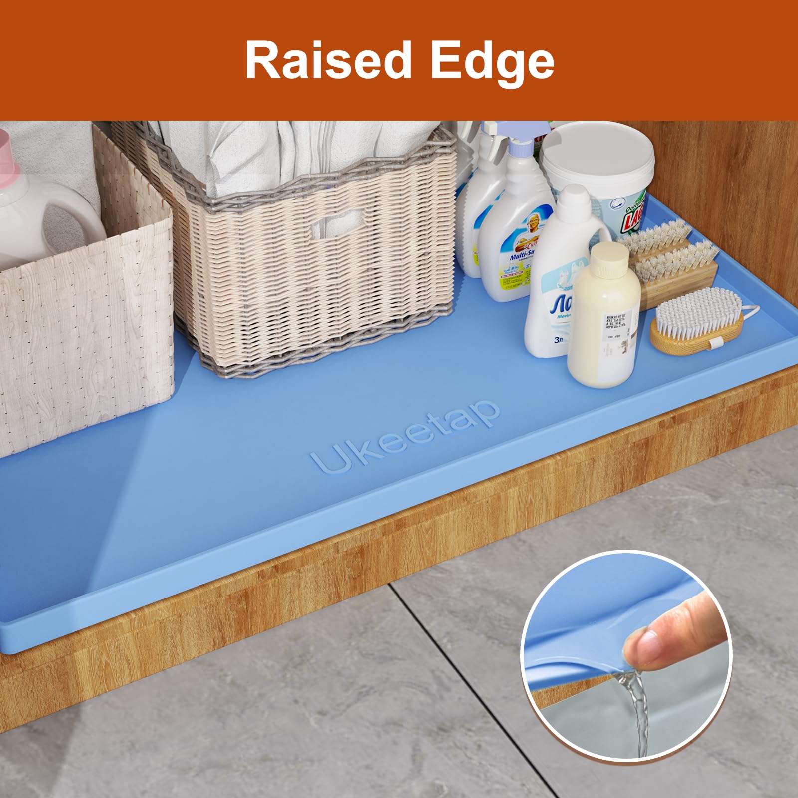ukeetap Extra Thick Silicone Mat Waterproof with Raised Edge 34" x 22", Under Sink Mat for Kitchen & Bathroom, Kitchen Cabinet Liner, Multi-Purpose for Storage & Protection, Gray