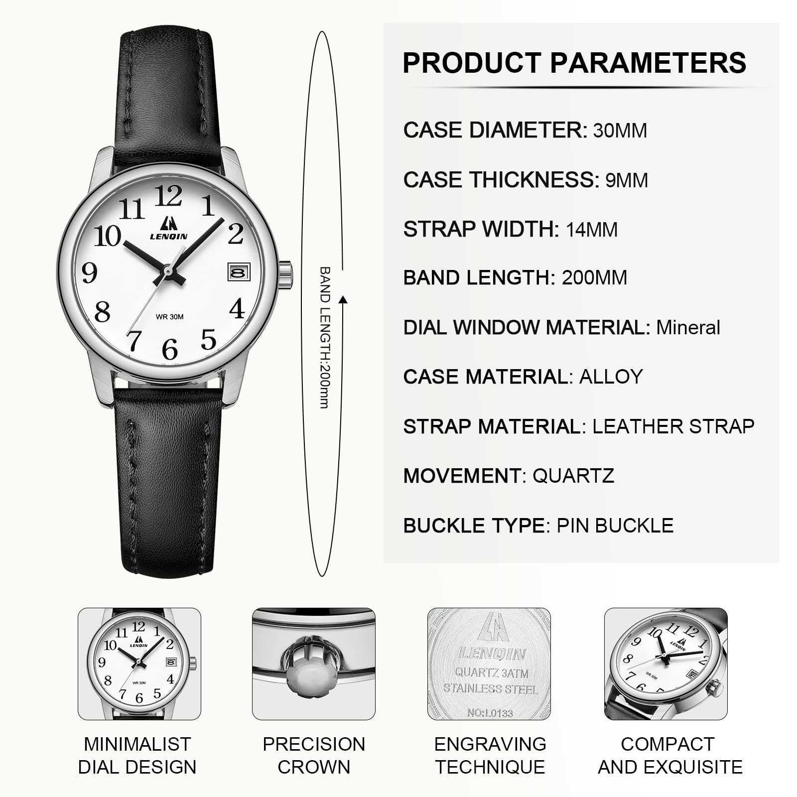 LN LENQIN Ladies Watches Analog Quartz Watch for Women Waterproof Women's Wrist Watches Easy Reader Womens Watch with Leather Strap