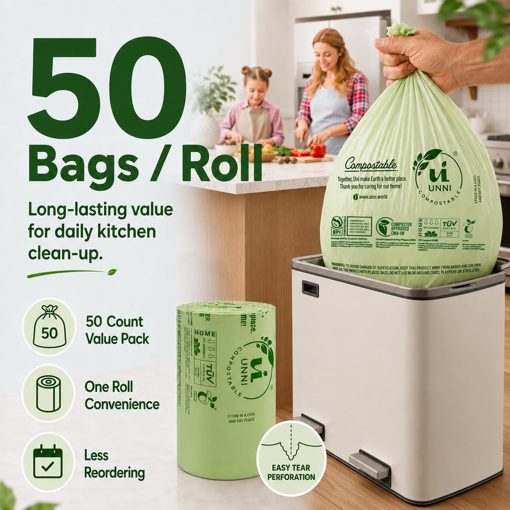 UNNI Compostable Trash Bags, 2.6 Gallon / 9.84 Liter, 100 Count, Extra Thick 0.71 Mil Small Kitchen Food Scrap Bin Liners, Certified by BPI, CMA & OK compost HOME, Meets the ASTM D6400 Standard