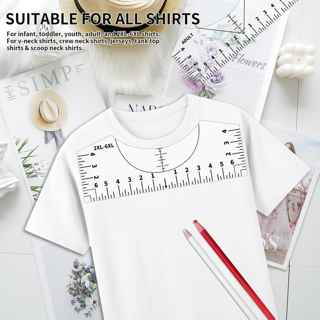 9Pcs Tshirt-Ruler Guide to Center Vinyl, Transparent V-Neck/Round PVC Ruler for Alignment, Heat Press, Children Youth Adult, Front and Back Measurement (10in)