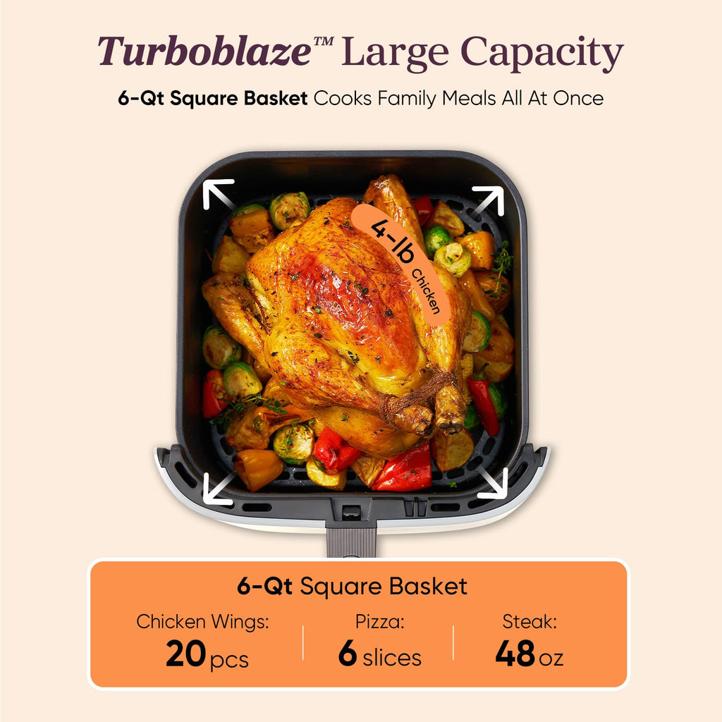 Cosori 9-in-1 TurboBlaze Air Fryer 6 Qt, PFAS-Free Ceramic Coating, 90°–450°F, Precise Heating for Even Results, Air Fry, Roast, Bake, Broil, Dry, Frozen, Proof, Reheat, Keep Warm, 120V, Dark Gray