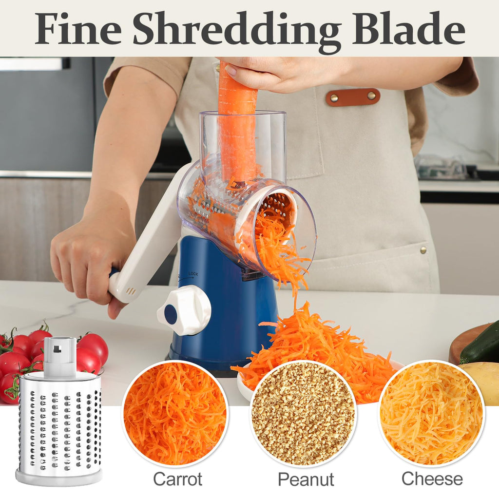Cambom Rotary Cheese Grater Hand Crank Cheese Shredder for Fresh Cheese, Vegetable, Nuts,Non-slip Suction Base, Three Blades, Black