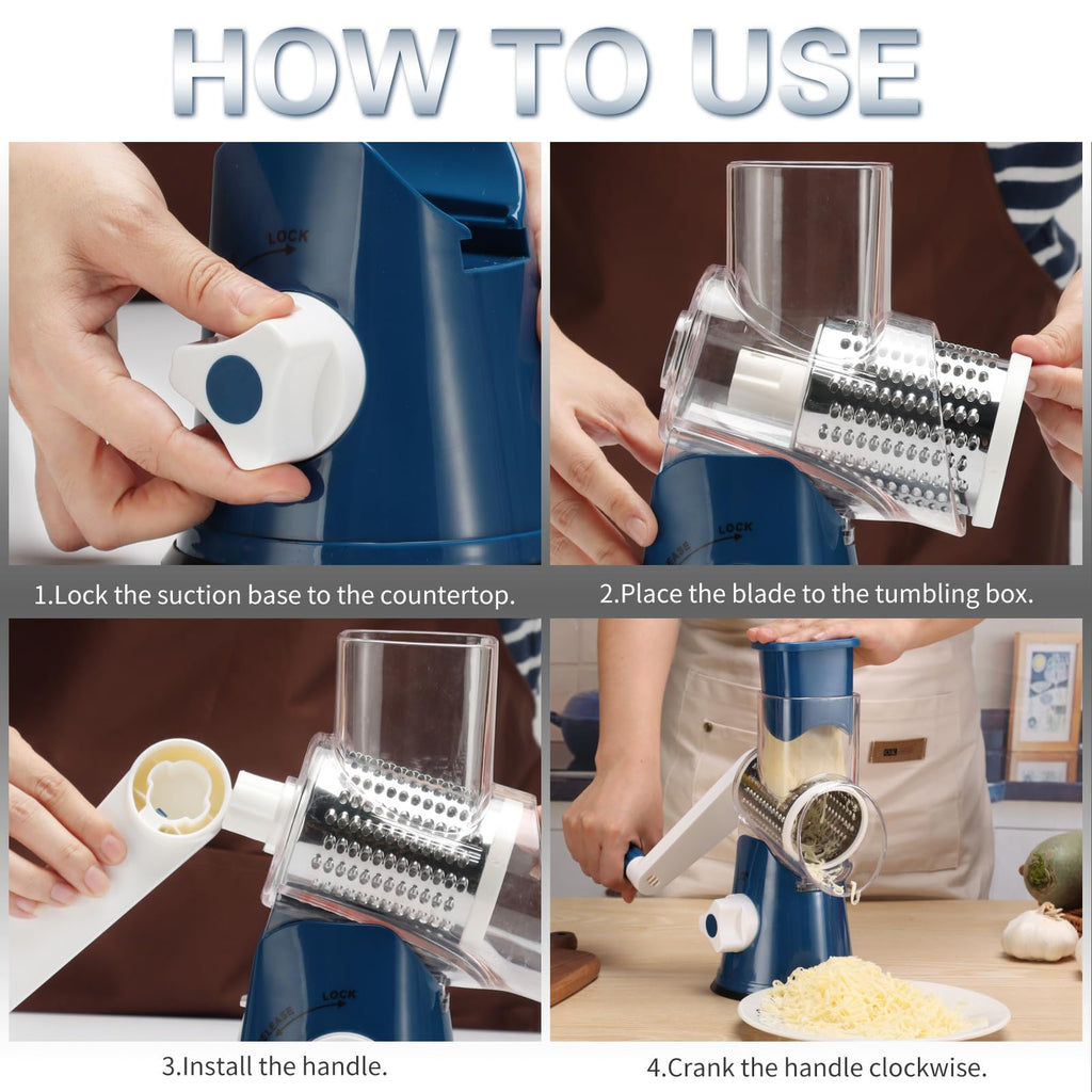 Cambom Rotary Cheese Grater Hand Crank Cheese Shredder for Fresh Cheese, Vegetable, Nuts,Non-slip Suction Base, Three Blades, Black