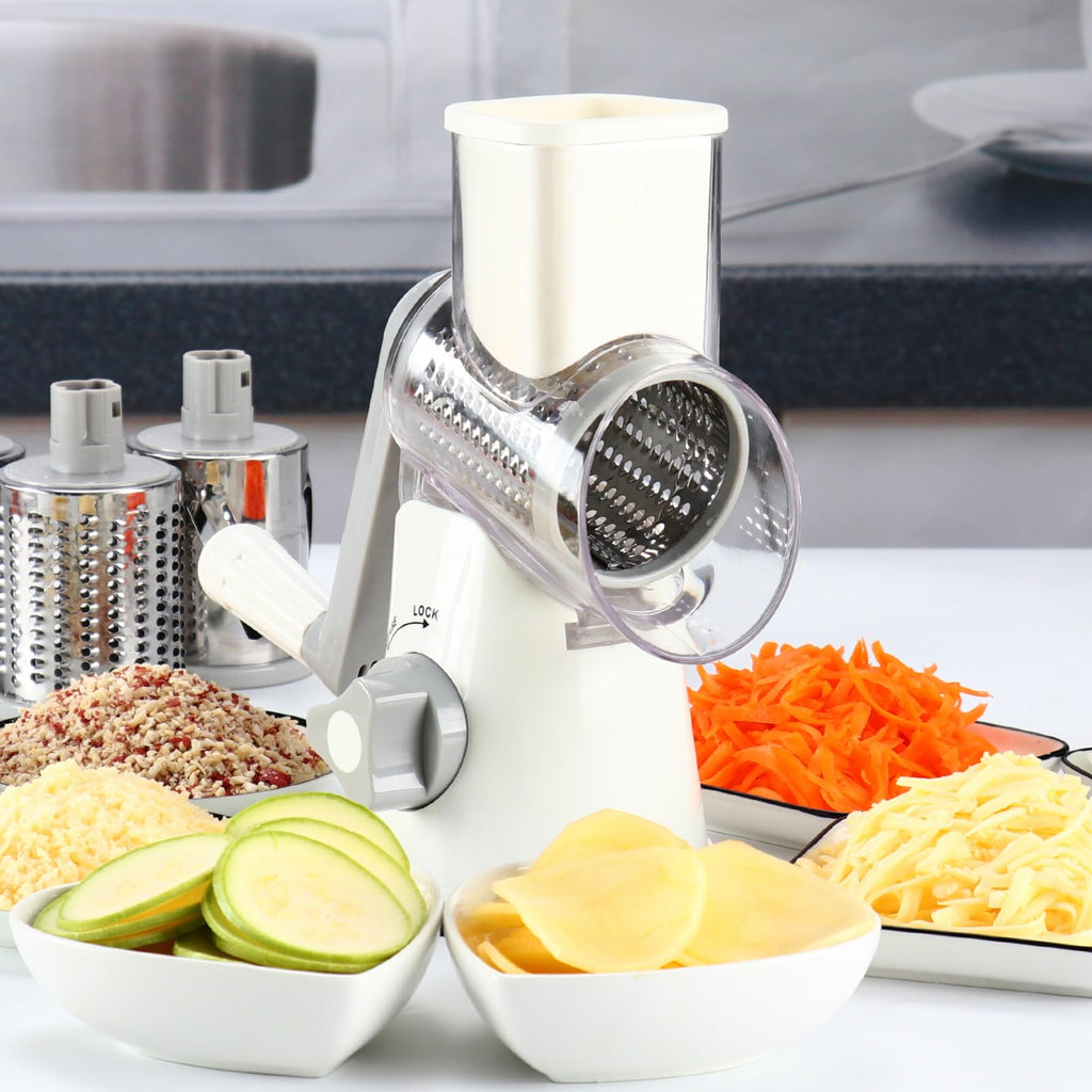 Cambom Rotary Cheese Grater Hand Crank Cheese Shredder for Fresh Cheese, Vegetable, Nuts,Non-slip Suction Base, Three Blades, Black