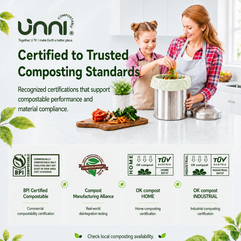 UNNI Compostable Trash Bags, 2.6 Gallon / 9.84 Liter, 100 Count, Extra Thick 0.71 Mil Small Kitchen Food Scrap Bin Liners, Certified by BPI, CMA & OK compost HOME, Meets the ASTM D6400 Standard
