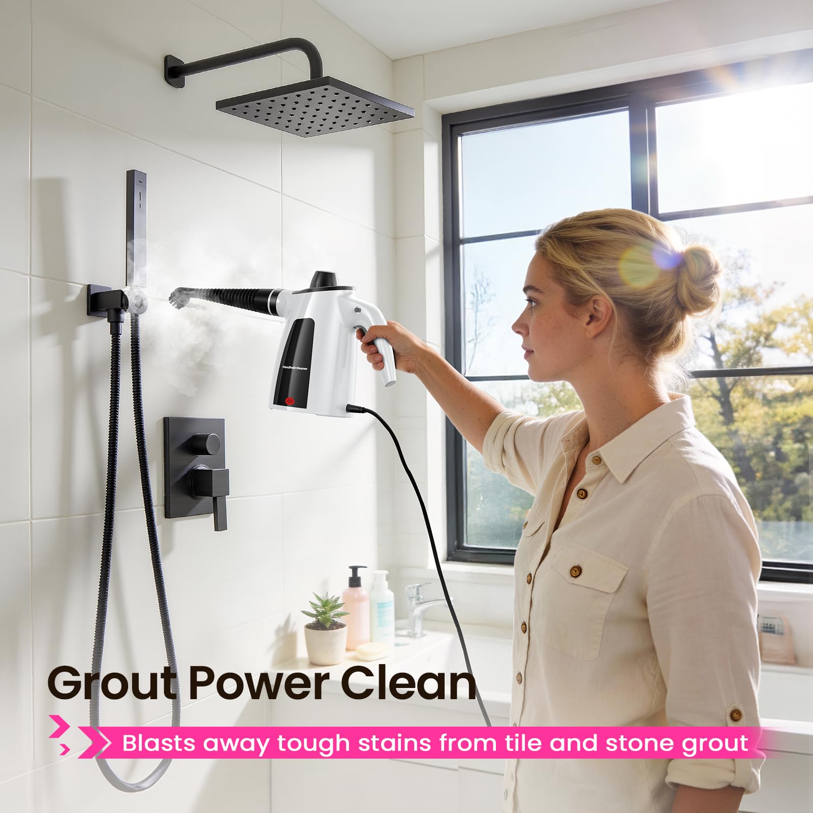 Steam Cleaner, Pressurized Handheld 13pcs Multi-Purpose Natural Deep Cleaning Steamer, Portable Steamer for Cleaning Home, Grout, Kitchen, Car, Window, Upholstery, Bathroom and Clothes, White