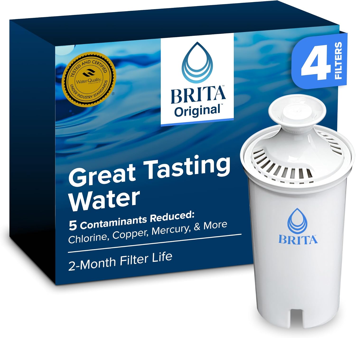 Brita BritaPlus Replacement Water Filter for Pitchers and Dispensers, WQA NSF/ANSI Certified, Reduces 2x More Contaminants vs. Standard Brita, Reduces Chlorine Zinc Copper Mercury & More, 4 Filters