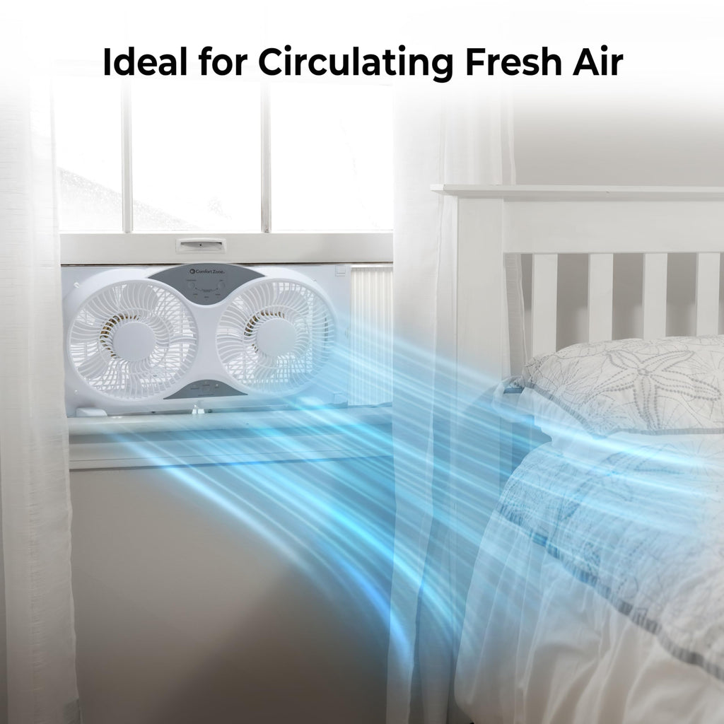 Comfort Zone Twin Window Fan with Reversible Airflow Control, 9 inch, Auto-Locking Expanders, 2 Speed Fan, Dual Fan, Exhaust, Airflow 9.84 ft/sec, Ideal for Home, Kitchen, Bedroom & Office, CZ319WT