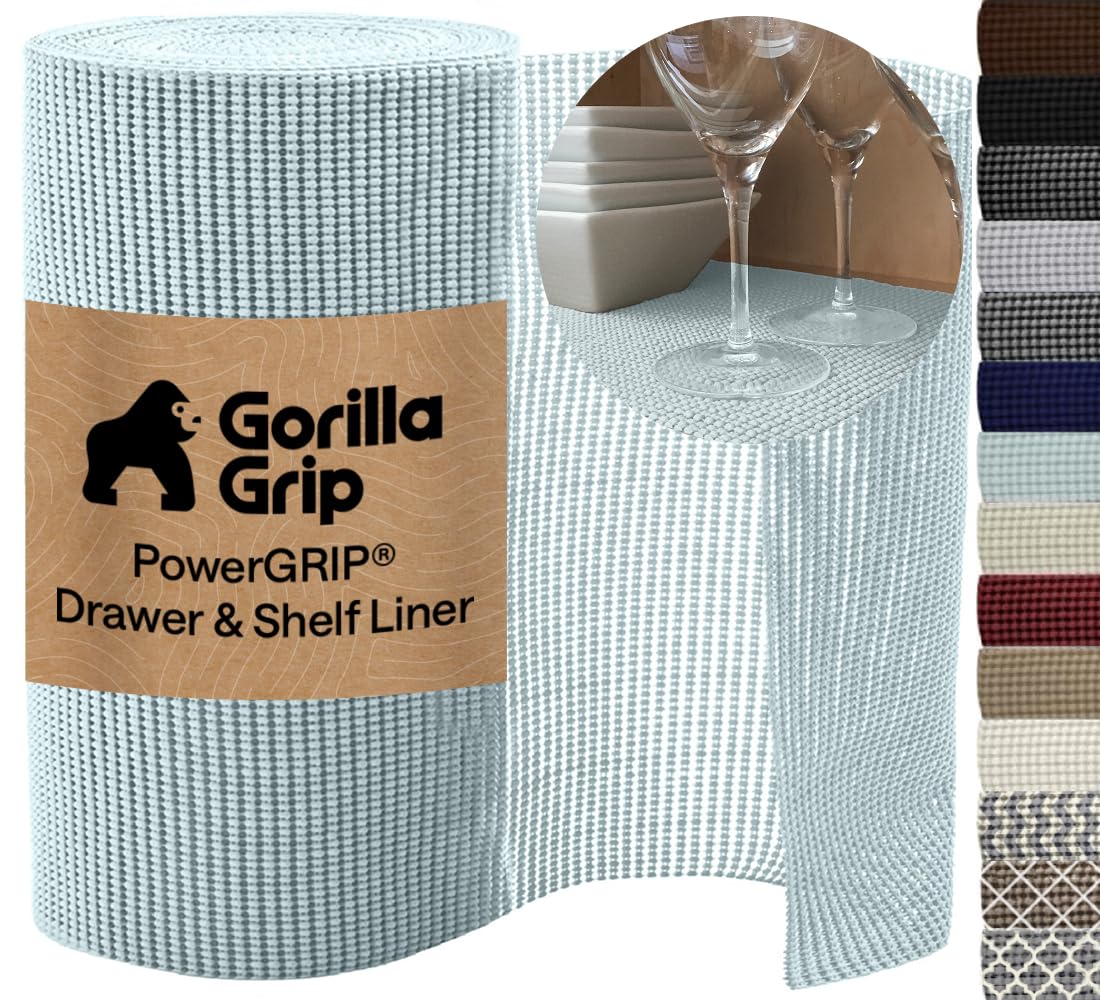 GORILLA GRIP powerGRIP Drawer Shelf and Cabinet Liner, Thick Strong Hold, Non-Adhesive Liners Protect Kitchen Cabinets and Cupboard, Bathroom Drawers, Easy Install Mat, 12" x20', Beige