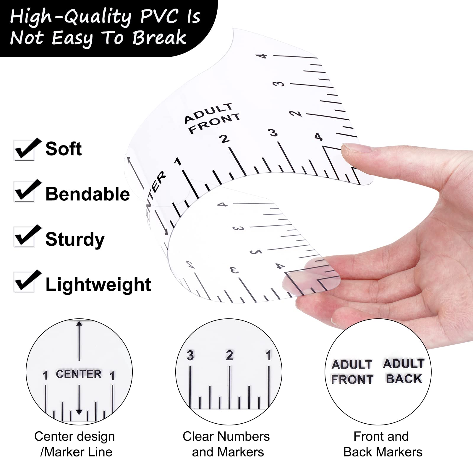 9Pcs Tshirt-Ruler Guide to Center Vinyl, Transparent V-Neck/Round PVC Ruler for Alignment, Heat Press, Children Youth Adult, Front and Back Measurement (10in)