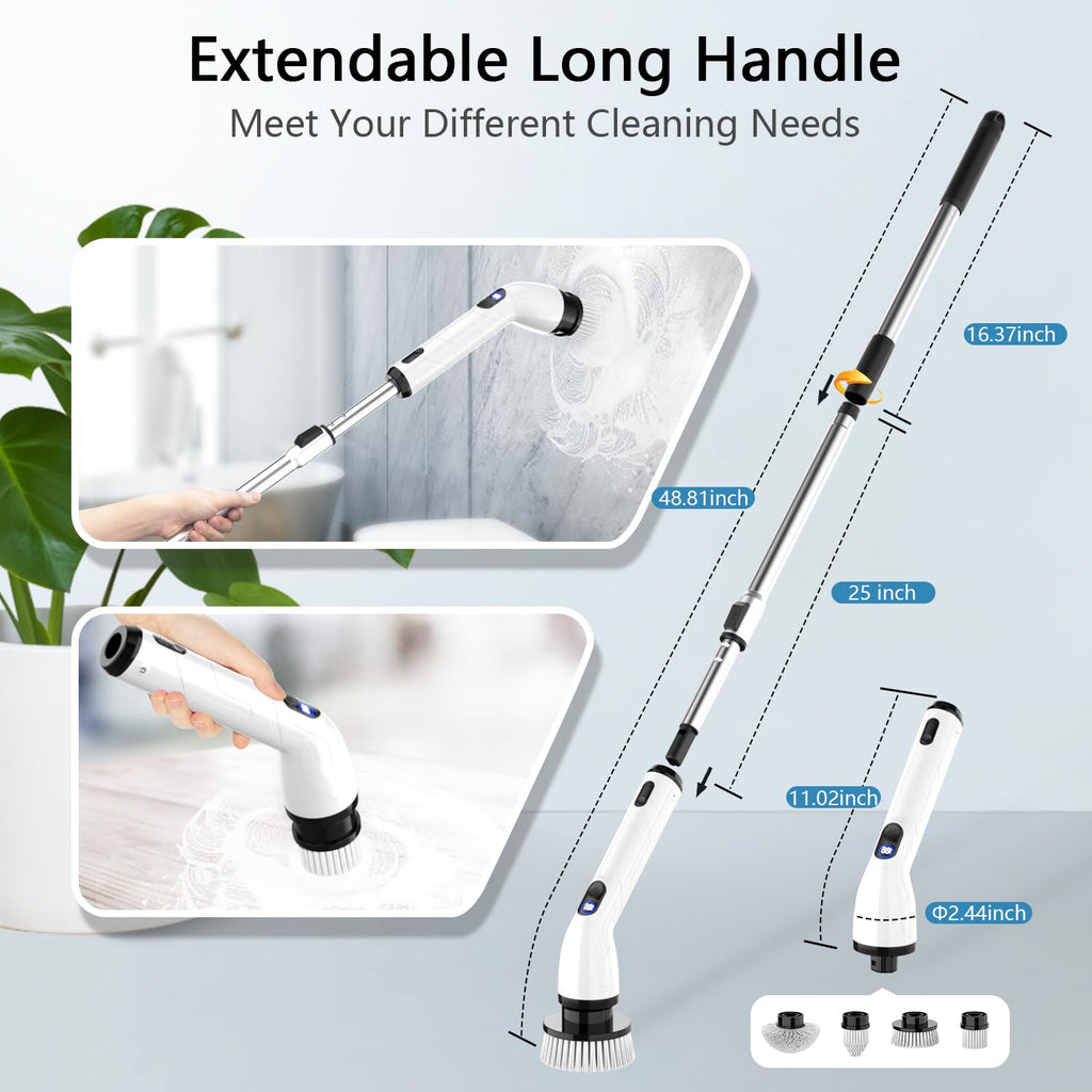 TUYU Electric Spin Scrubber,IPX7 Full-Body Waterproof Cordless Cleaning Tool, LCD Battery Indicator, Adjustable Extension Handle, 90-Minute Runtime for Bathroom, Kitchen, Glass, Car