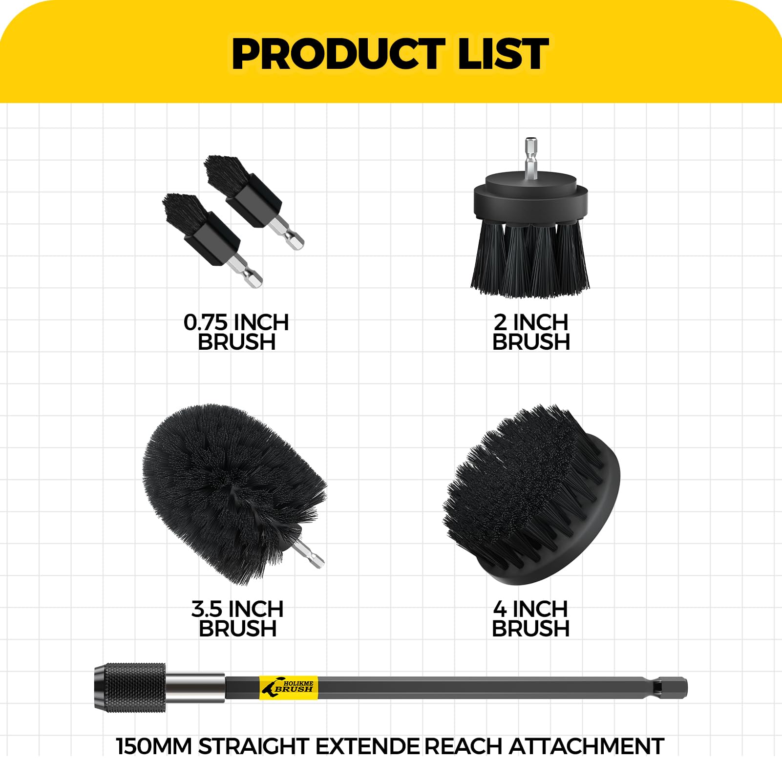 Holikme 6Pack Drill Brush Power Scrubber Cleaning Brush Extended Long Attachment Set All Purpose Drill Scrub Brushes Kit for Grout, Floor, Tub, Bathroom and Kitchen Surface,Scratch Brushes（Yellow）