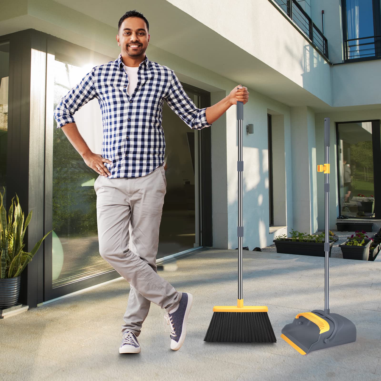 Upgrade Broom and Dustpan Set, Large Size and with Long Handle, Upright,Ideal for Indoor Outdoor Garage Kitchen Room Office Lobby Use (Green)