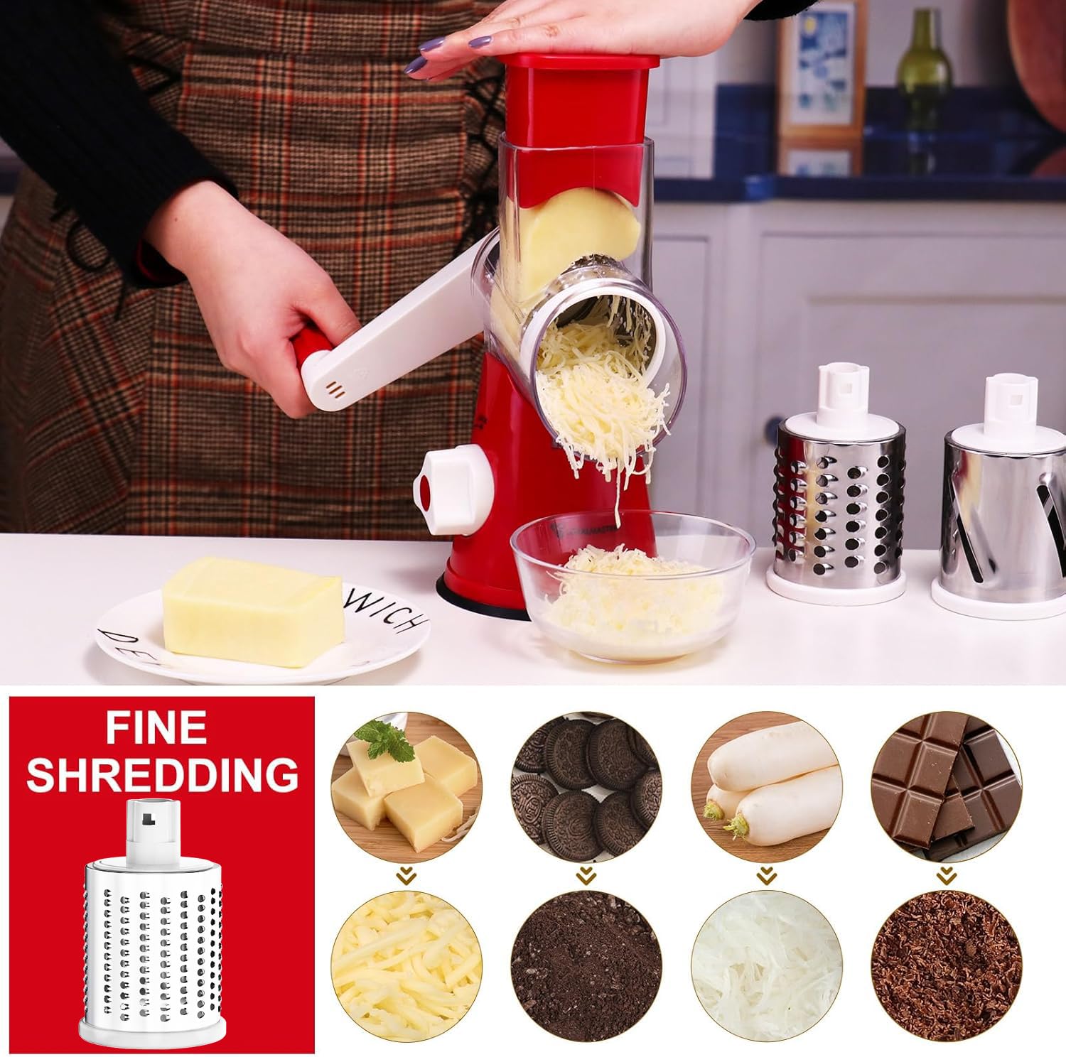 Cambom Rotary Cheese Grater Hand Crank Cheese Shredder for Fresh Cheese, Vegetable, Nuts,Non-slip Suction Base, Three Blades, Black