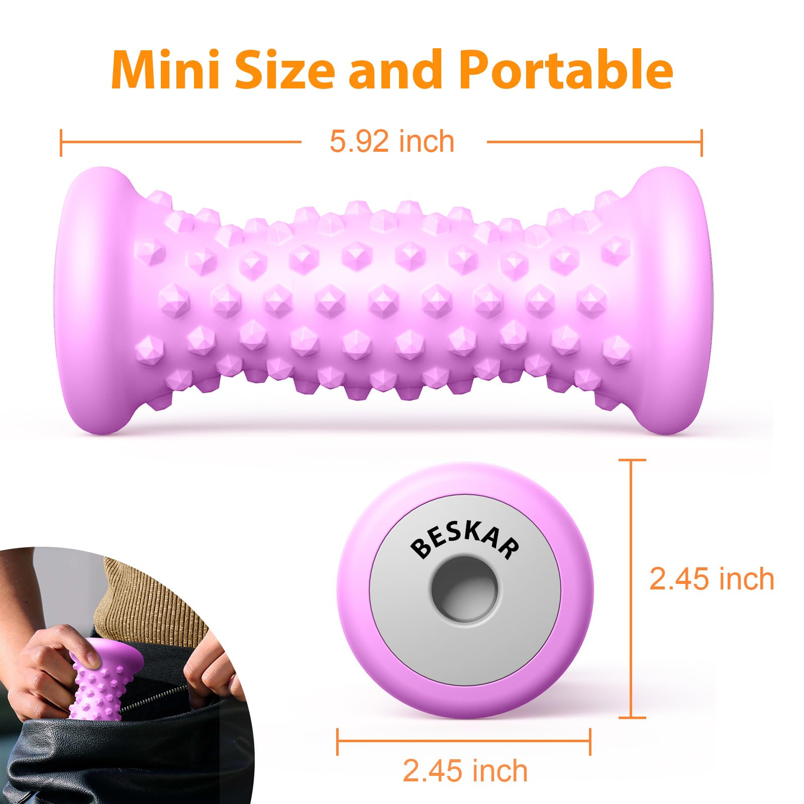 BESKAR Foot Massager Roller for Plantar Fasciitis Relief, Portable, Deep Tissue Muscle Massage, Foot Arch and Heel Pain, Reflexology Tool