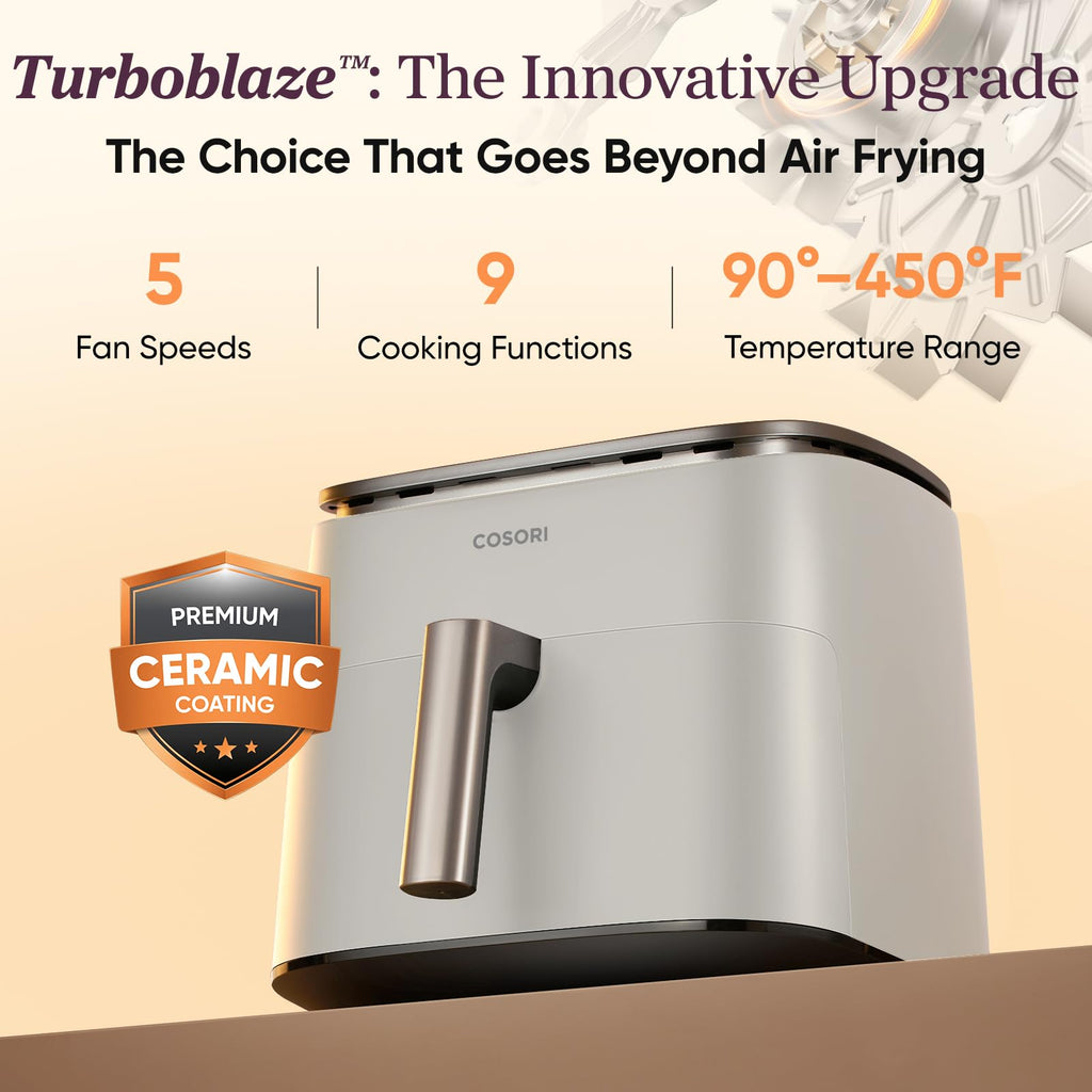 Cosori 9-in-1 TurboBlaze Air Fryer 6 Qt, PFAS-Free Ceramic Coating, 90°–450°F, Precise Heating for Even Results, Air Fry, Roast, Bake, Broil, Dry, Frozen, Proof, Reheat, Keep Warm, 120V, Dark Gray
