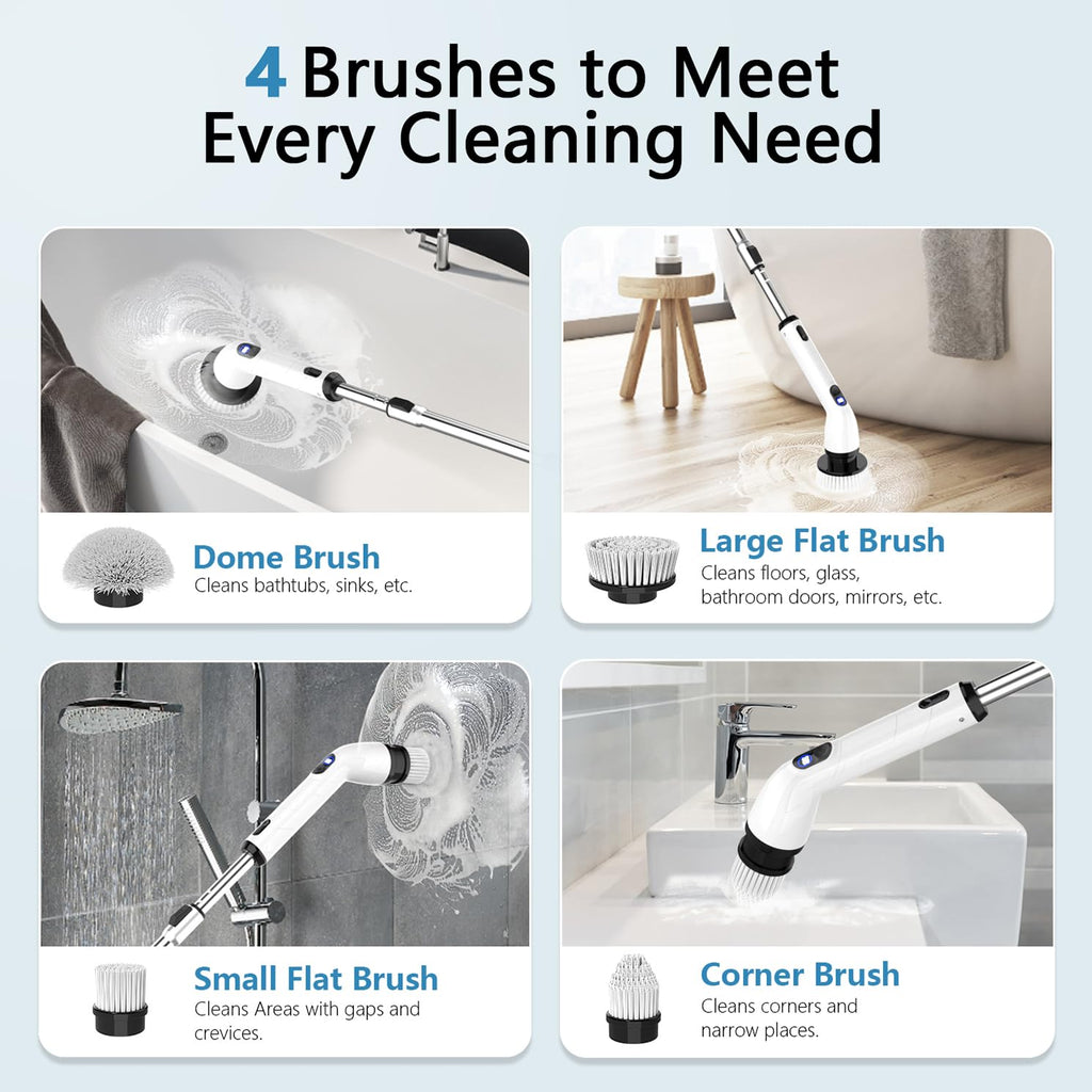 TUYU Electric Spin Scrubber,IPX7 Full-Body Waterproof Cordless Cleaning Tool, LCD Battery Indicator, Adjustable Extension Handle, 90-Minute Runtime for Bathroom, Kitchen, Glass, Car