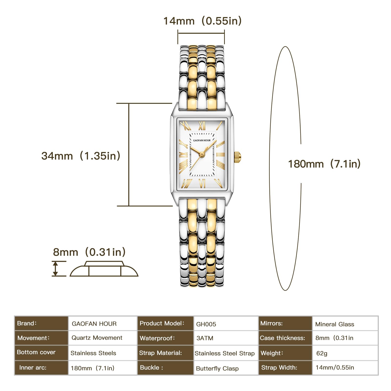 Gold Watches for Women with Vintage Rectangular Case,White Roman Dial,Stainless Steel Band,Adjustment Tool Included,Water Resistant