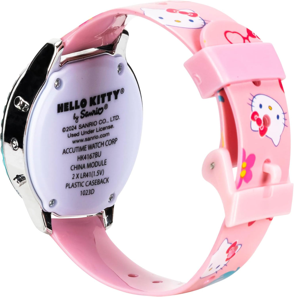 Accutime Sanrio Hello Kitty Girls' Digital LCD Quartz Watch with Pink Strap and Colorful Bezel - Fun LED Light Show - Easy to Read Time for Kids - Fits Wrist 5.5"-8"