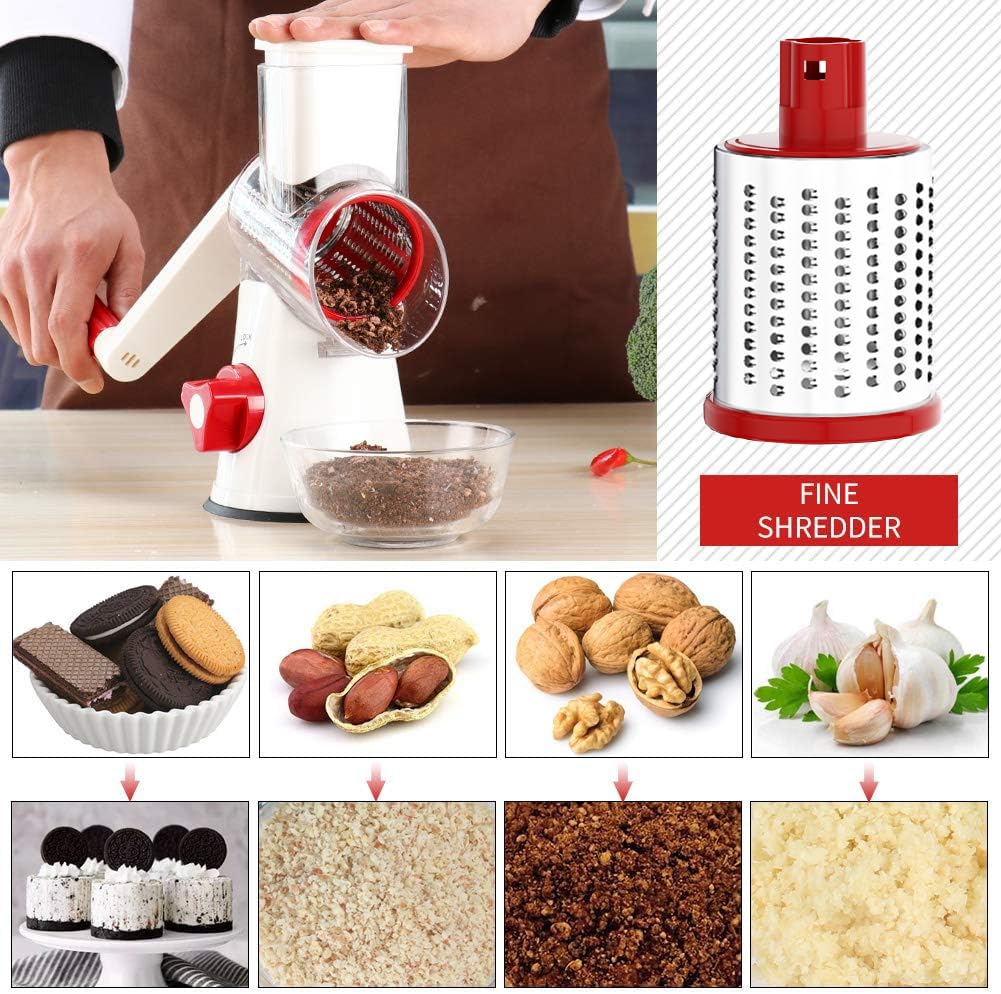 Cambom Rotary Cheese Grater Hand Crank Cheese Shredder for Fresh Cheese, Vegetable, Nuts,Non-slip Suction Base, Three Blades, Black