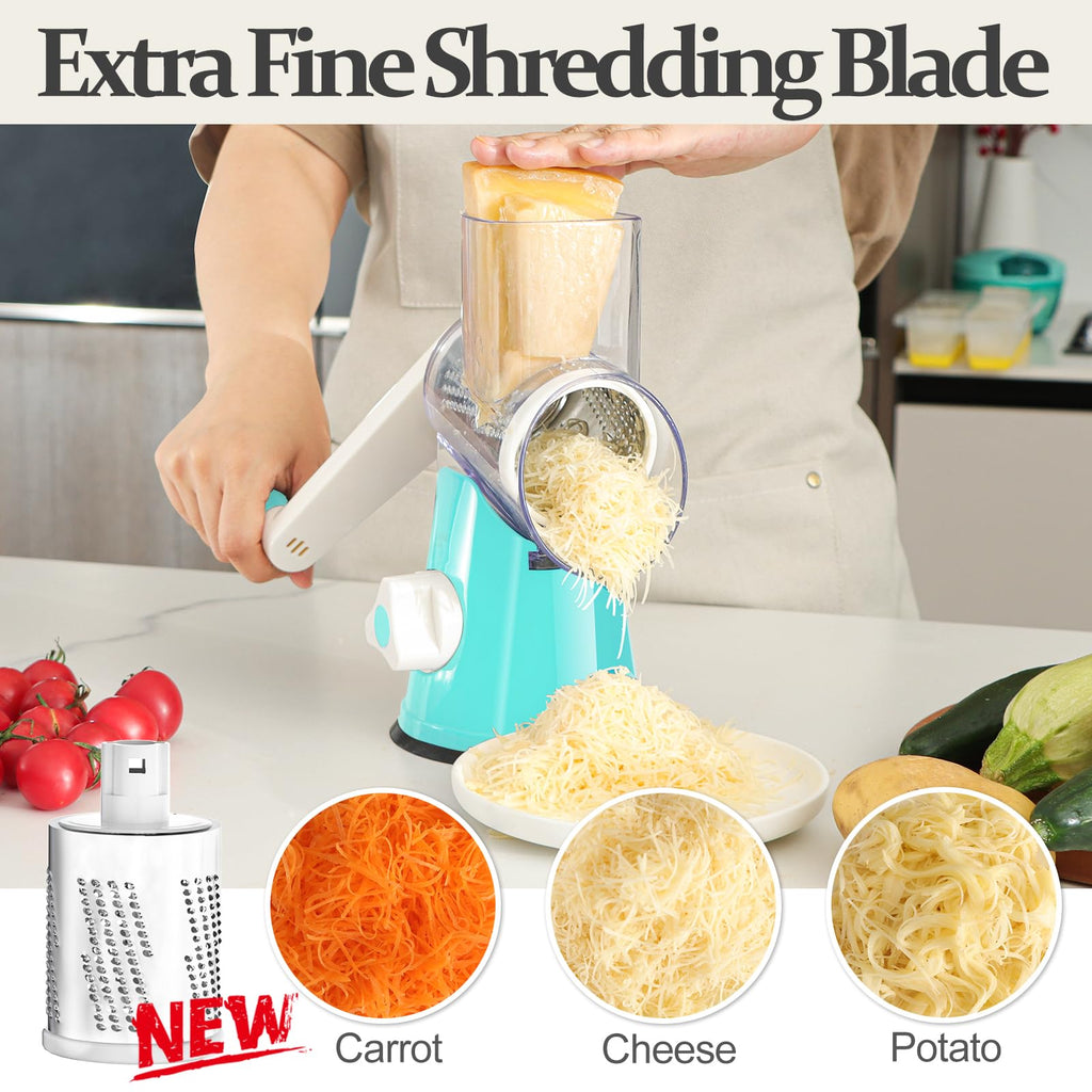 Cambom Rotary Cheese Grater Hand Crank Cheese Shredder for Fresh Cheese, Vegetable, Nuts,Non-slip Suction Base, Three Blades, Black
