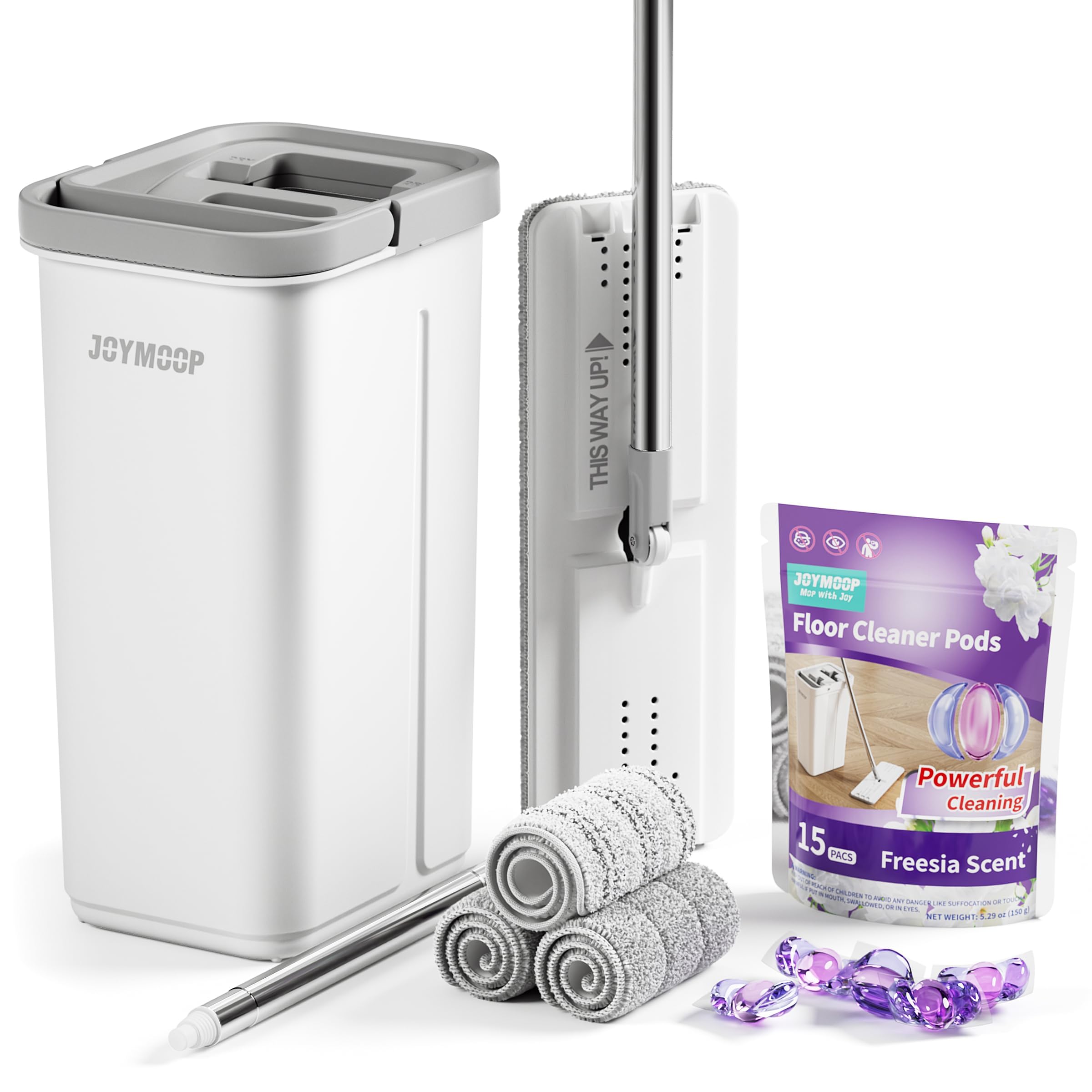 JOYMOOP Mop and Bucket Set, Hands-Free Flat Floor Mop with 3 Washable Microfiber Pads, Wet and Dry Use, Ideal for Home and Commercial Floor Cleaning