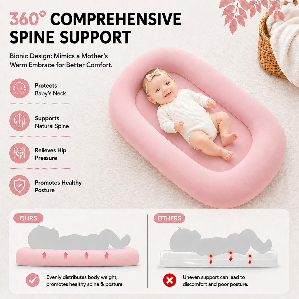 Baby Lounger for Newborns 0-24 Months - Baby Essentials | Soft Breathable Cotton Infant Support Cushion for Tummy Time & Play, Portable Infant Lounger - Cloud White (Cover Included)