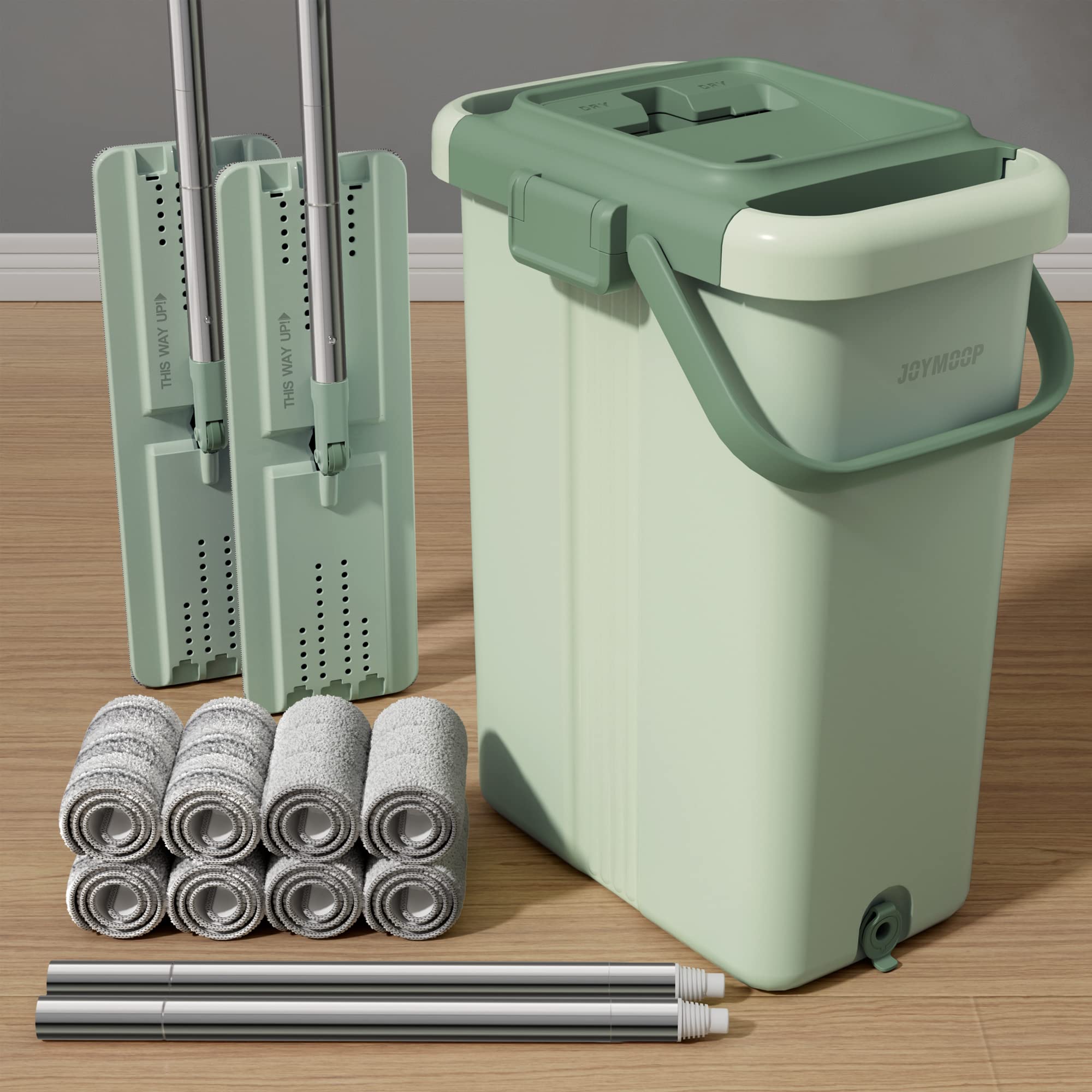 JOYMOOP Mop and Bucket Set, Hands-Free Flat Floor Mop with 3 Washable Microfiber Pads, Wet and Dry Use, Ideal for Home and Commercial Floor Cleaning