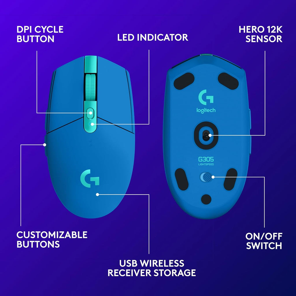 Logitech G305 Lightspeed Wireless Gaming Mouse, Hero Sensor, 12,000 DPI, Lightweight, 6 Programmable Buttons, 250h Battery, On-Board Memory, Compatible with PC, Mac - Black
