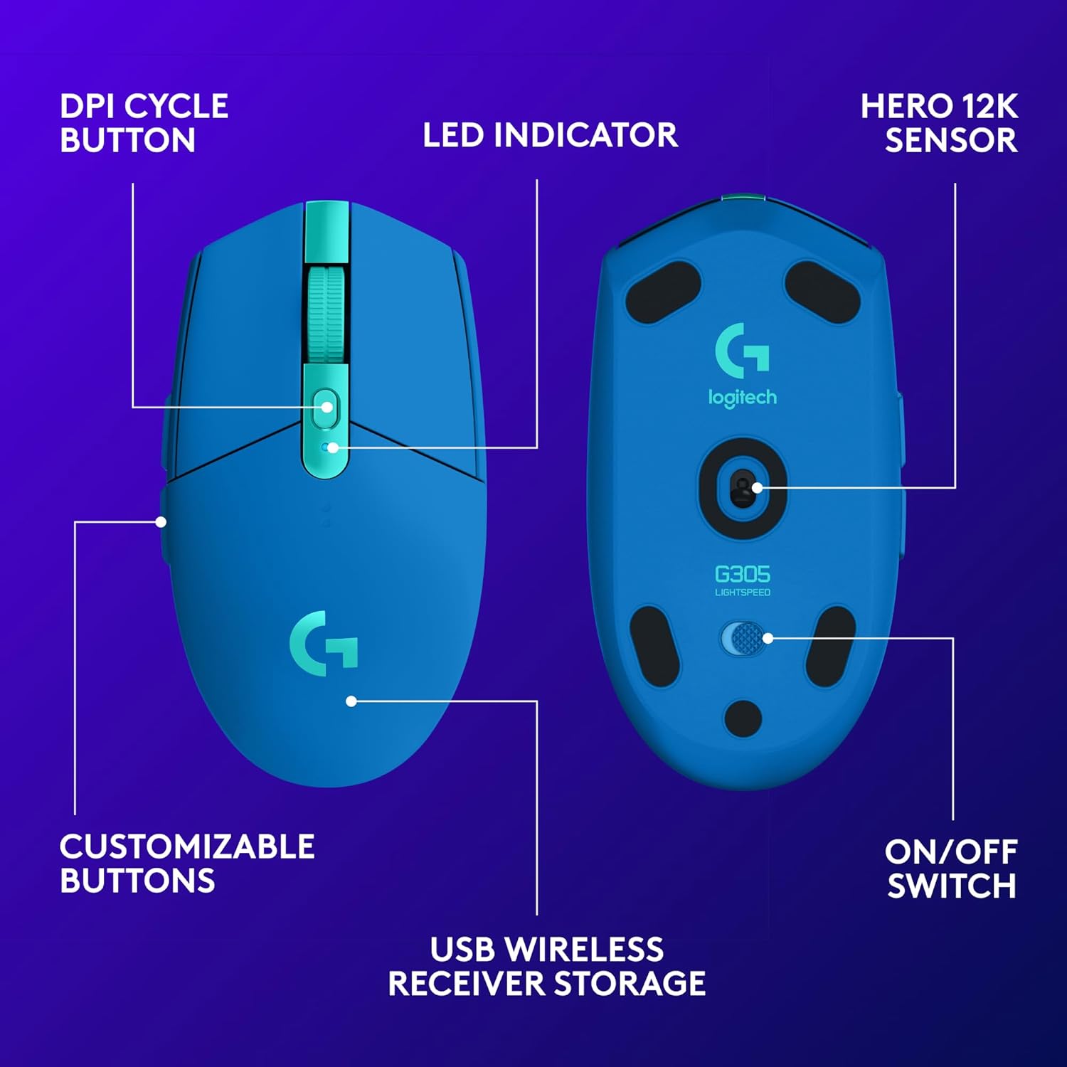 Logitech G305 Lightspeed Wireless Gaming Mouse, Hero Sensor, 12,000 DPI, Lightweight, 6 Programmable Buttons, 250h Battery, On-Board Memory, Compatible with PC, Mac - Black
