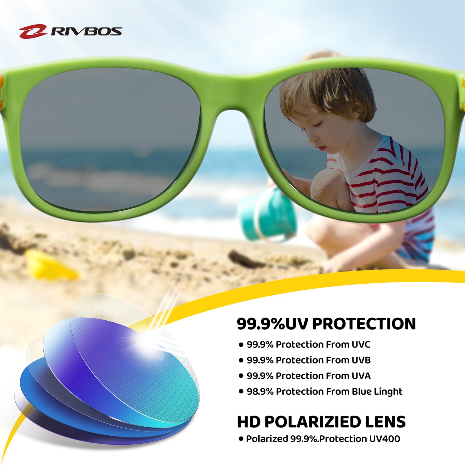 RIVBOS Kids Sunglasses Polarized UV Protection Flexible Rubber Glasses Shades with Strap for Boys Girls RBK004