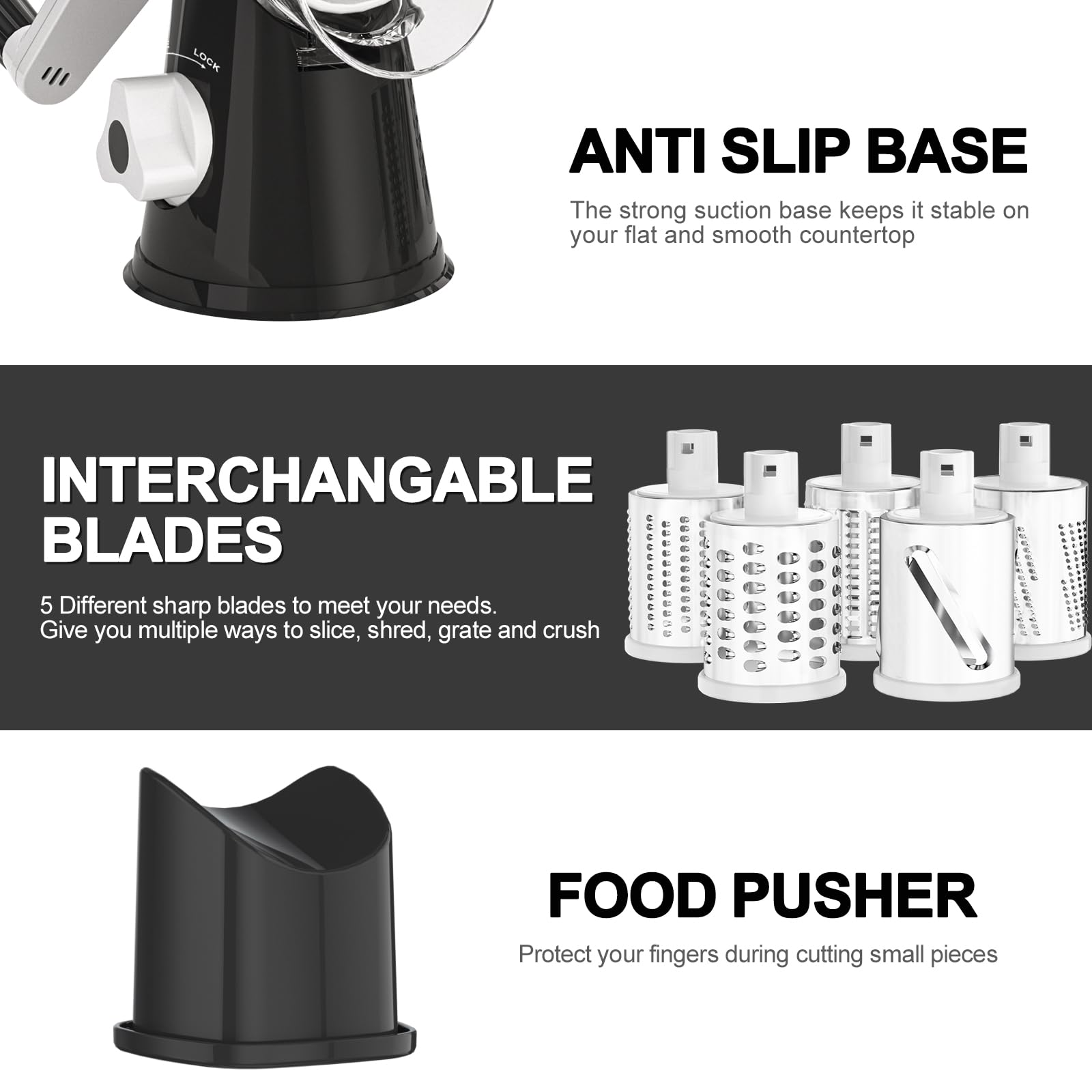 Cambom Rotary Cheese Grater Hand Crank Cheese Shredder for Fresh Cheese, Vegetable, Nuts,Non-slip Suction Base, Three Blades, Black