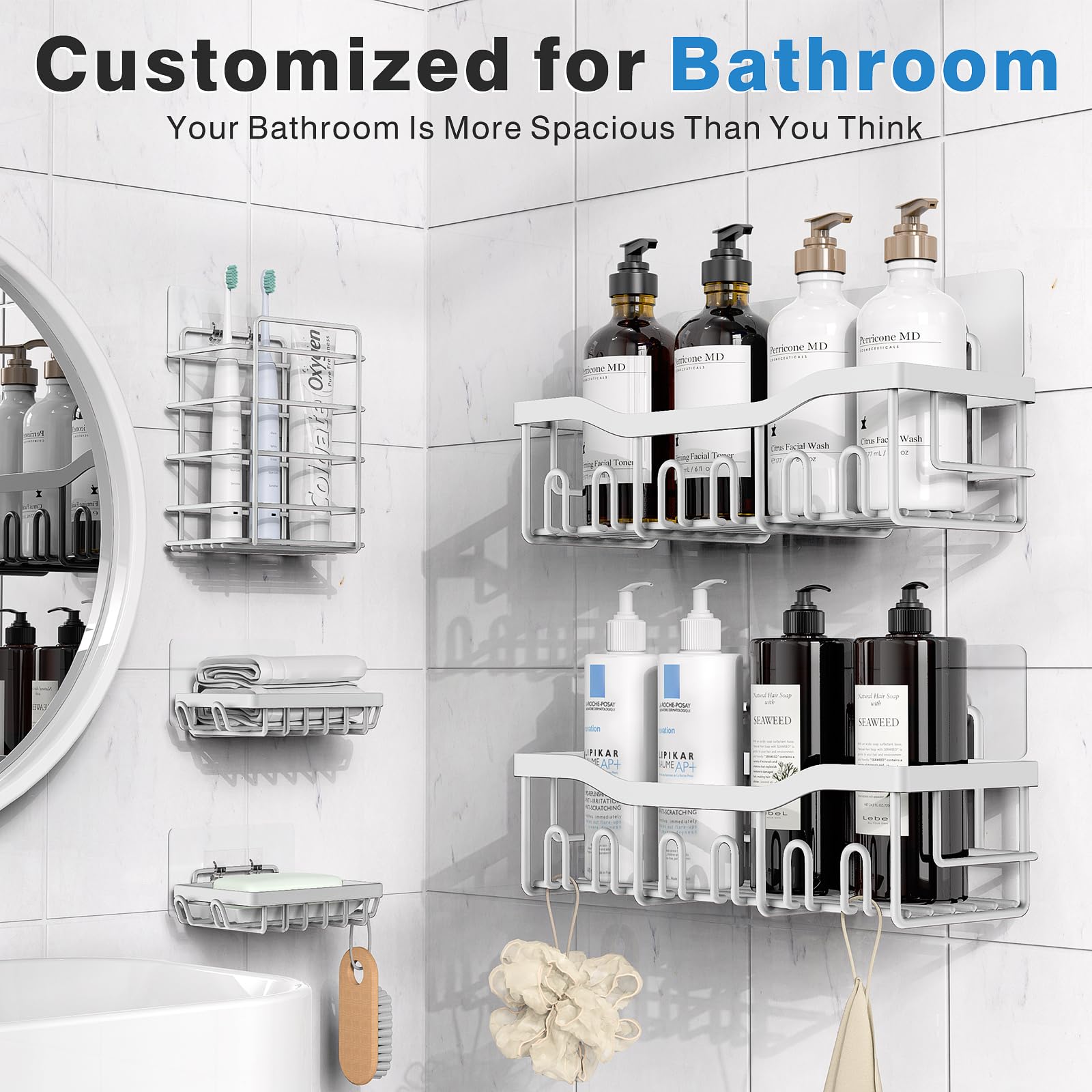 EUDELE Adhesive Shower Caddy, 5 Pack Rustproof Stainless Steel Bath Organizers With Large Capacity, No Drilling Shelves for Bathroom Storage & Home Decor