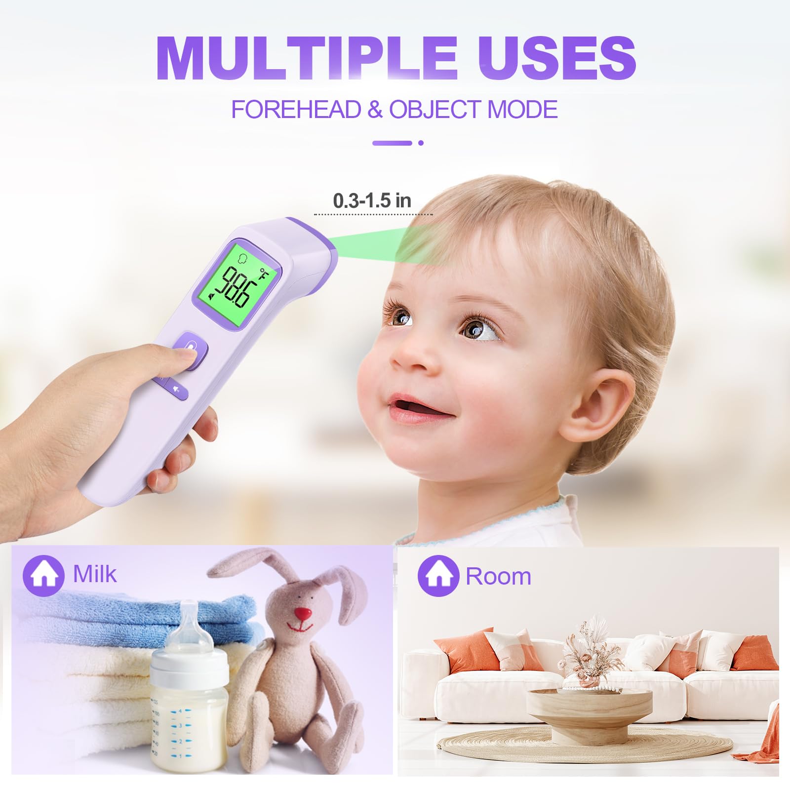 No-Touch Thermometer for Adults and Kids, Accurate Digital Baby Thermometer | 1s Fast Reading, Fever Alarm, Silent Mode, 35-Reading Memory, Forehead & Object Mode, AAA Battery Included, for Home & Clinic